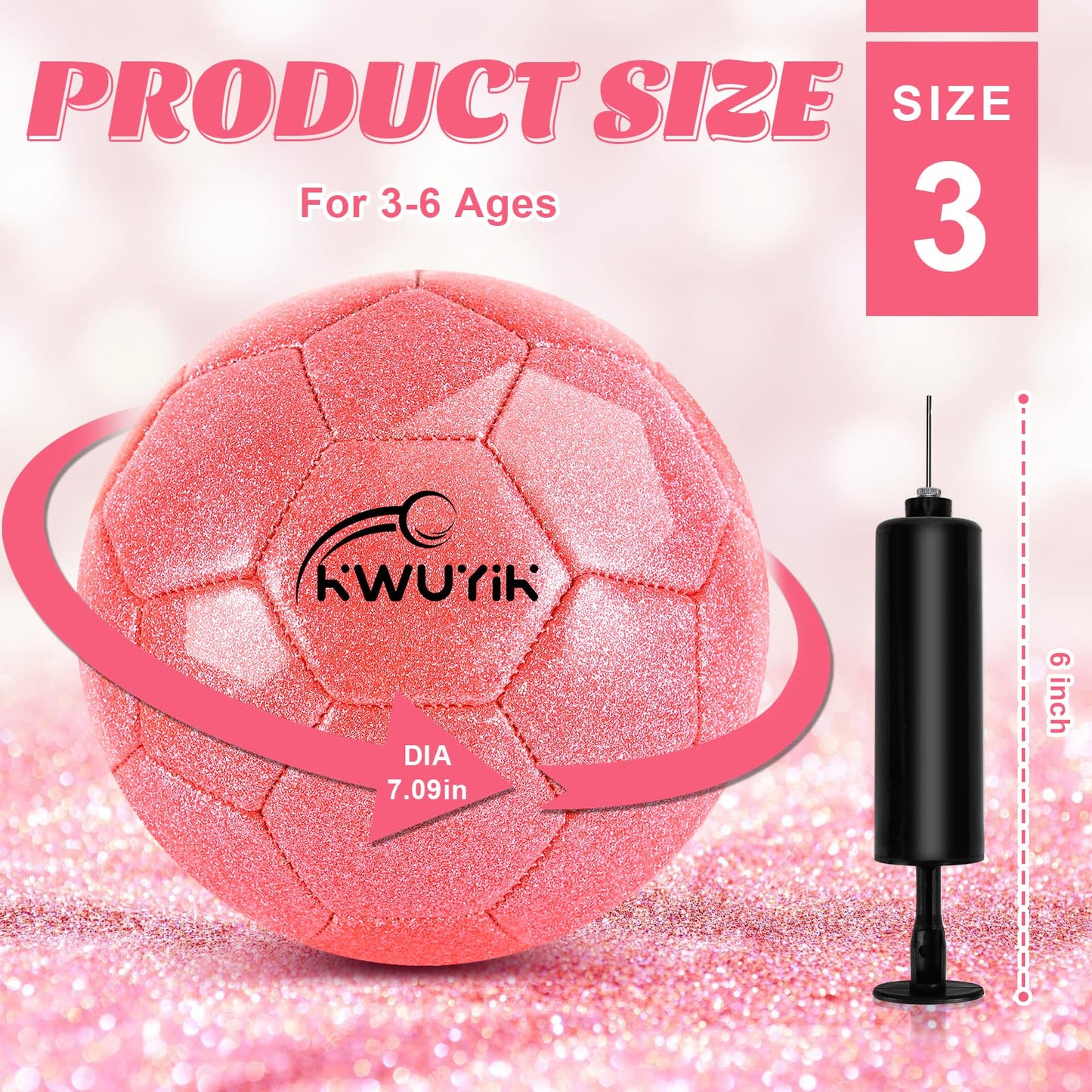 OKWUYiK Size 3 Glitter Pink Soccer Ball Set with Pump Youth Soccer Ball for Kids Aged 4-6 6-8 8-12 Toddler Soft Training Practice for Teens Children Adults Boys Girls