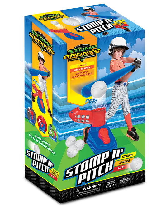 Stomp Rocket Stomp N Pitch Baseball Pitching Machine for Kids - Baseball Training Machines for Boys & Girls with Collapsible Bat, Launcher & 5 Balls - Outdoor Sports Gear & Toys - 6+ Year Olds
