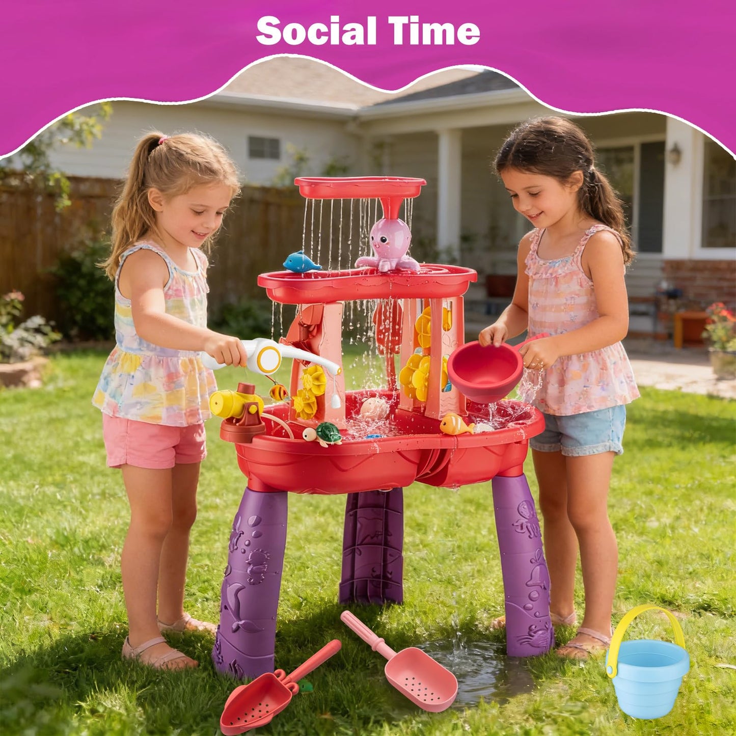 Water Table for Toddlers 3-5 Outdoor Toys for Kids Ages 4-8 3-Tier Kids Sand Water Table with Fishing Game Set Activity Sensory Table Summer Gift Beach Outside Toys for Toddler Girl