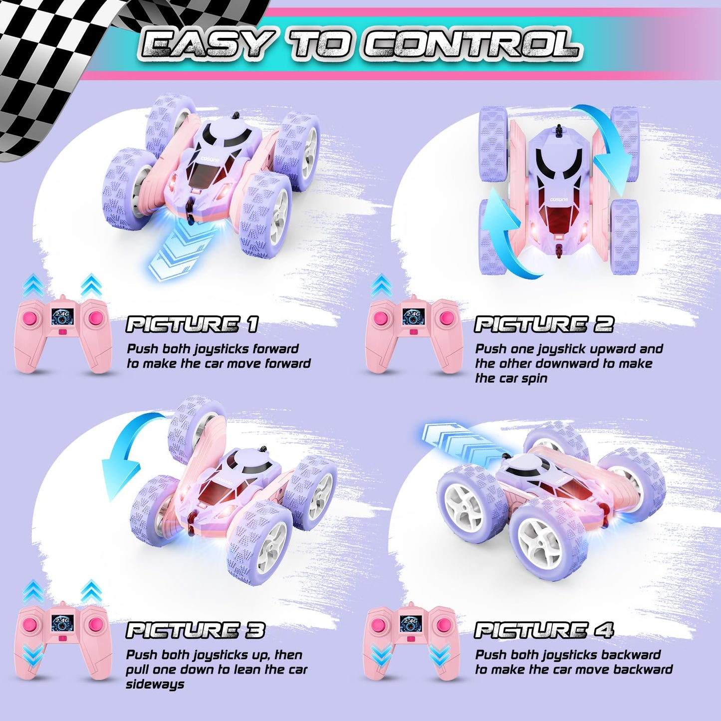 cosone Remote Control Car RC Cars for Kids Toys Rechargeable 360° Rotating 2.4Ghz RC Stunt Car for Kids Birthday Gift for 6 Years Old Girls Toys 6 7 8 9 10 Years Old Girl Gift Ideas (Pink&Purple)