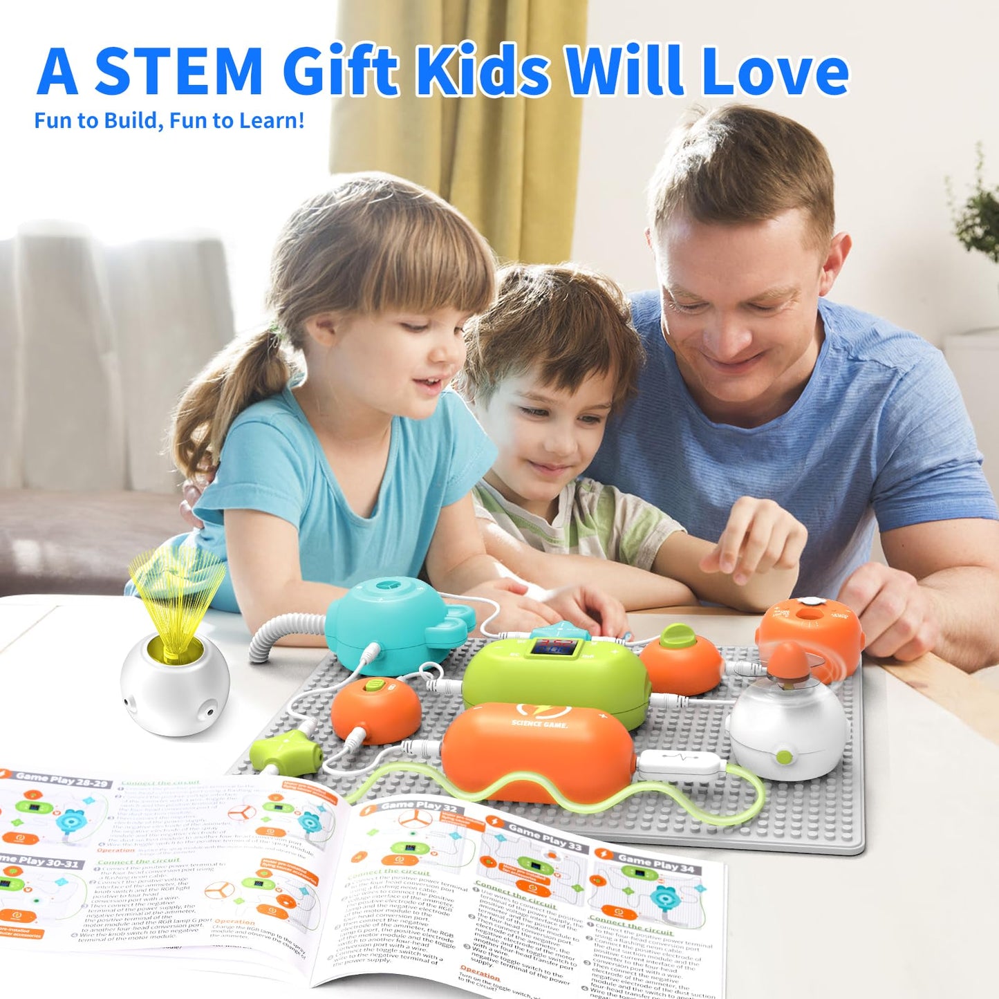 RISUNTOY Electronic Circuit Building Blocks STEM Toy, 31PCS Circuit Modules Fan RGB Light, 118 DIY Projects No Welding Tool-Free Science Kit, Educational Physics Gift for Kids Boys Girls 3-12