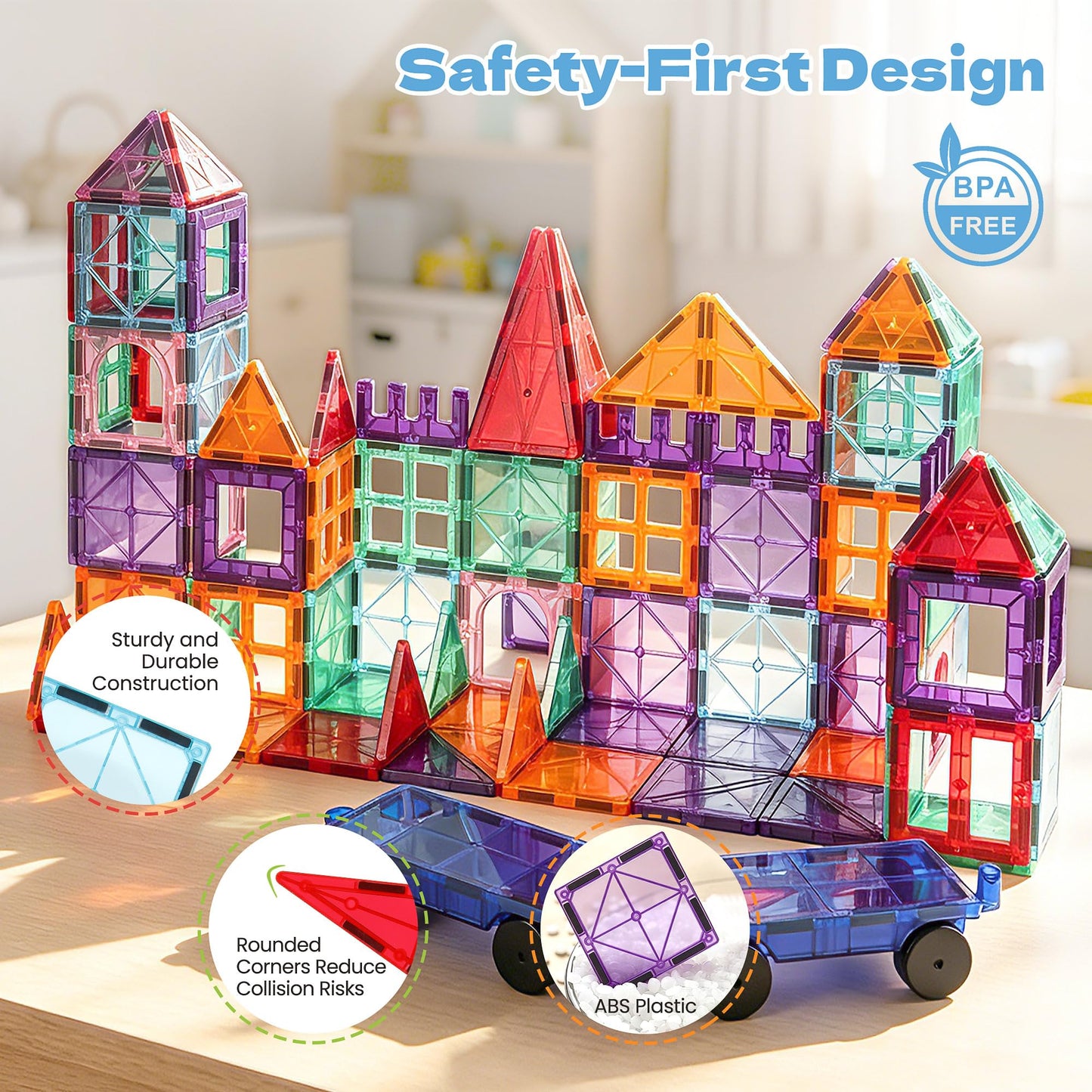 CHIZEKOO Magnetic Tiles with 2 Cars, 100 Pcs Magnetic Building Blocks Set, Preschool Children Educational Construction Toys, Magnetic Blocks for Kids Ages 3–12 Birthday for Boys and Girls