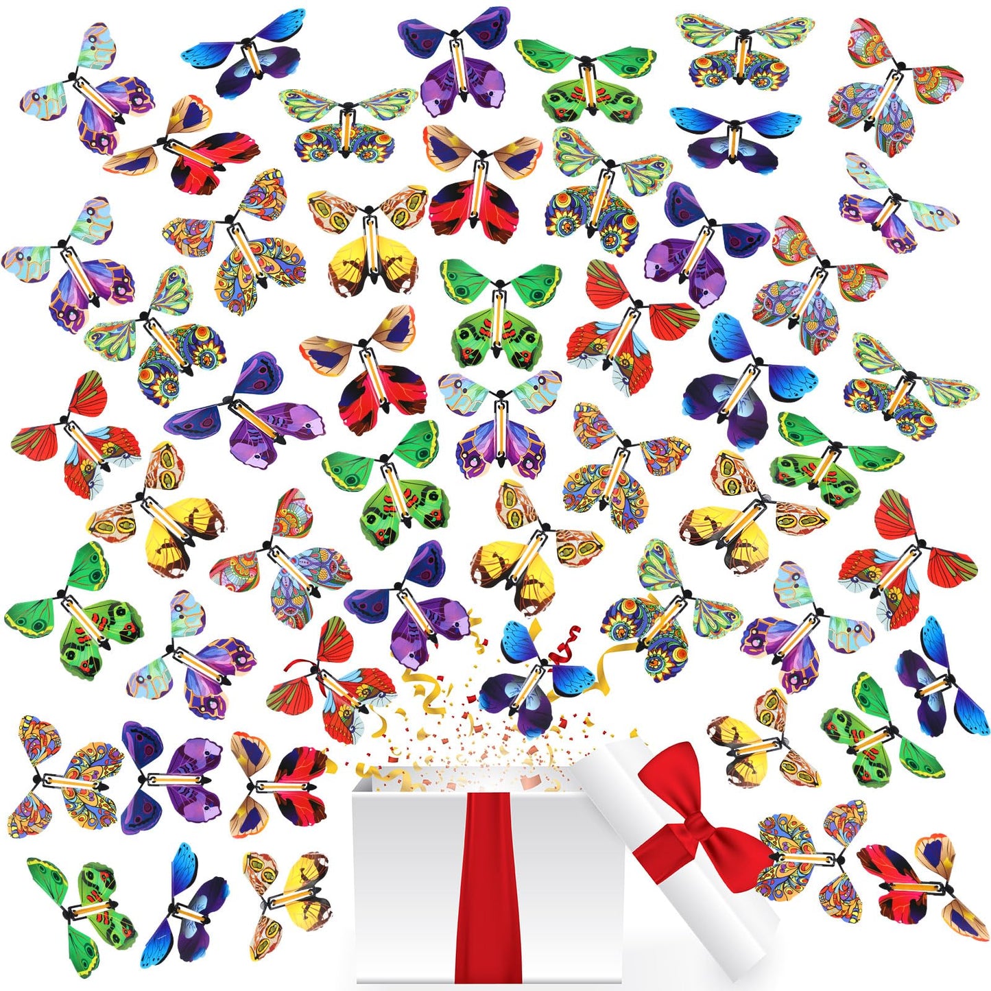 Lenwen 100 Pcs Magic Flying Butterfly Wind up Paper Butterflies that Fly Rubber Band Powered for Bookmark Card Surprise Gift Wedding Birthday Party 10 Styles, 4.41 x 4.92 Inch