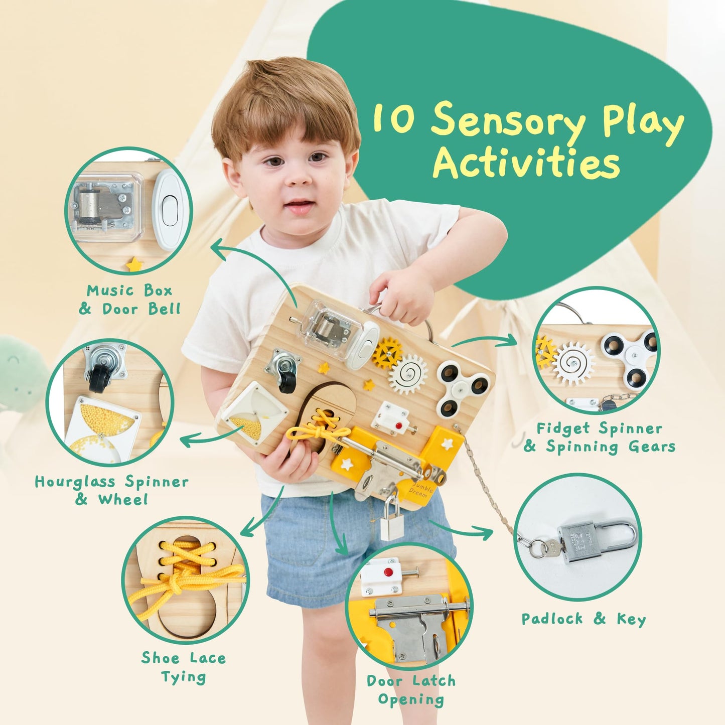 Jumble Dream Wooden Busy Board Montessori Toys for Toddlers and Educational Sensory Busy Board Autism Products & ADHD Activity Board for Learning - Kids Travel Toys for Toddlers Age 1 2 3 4 Years