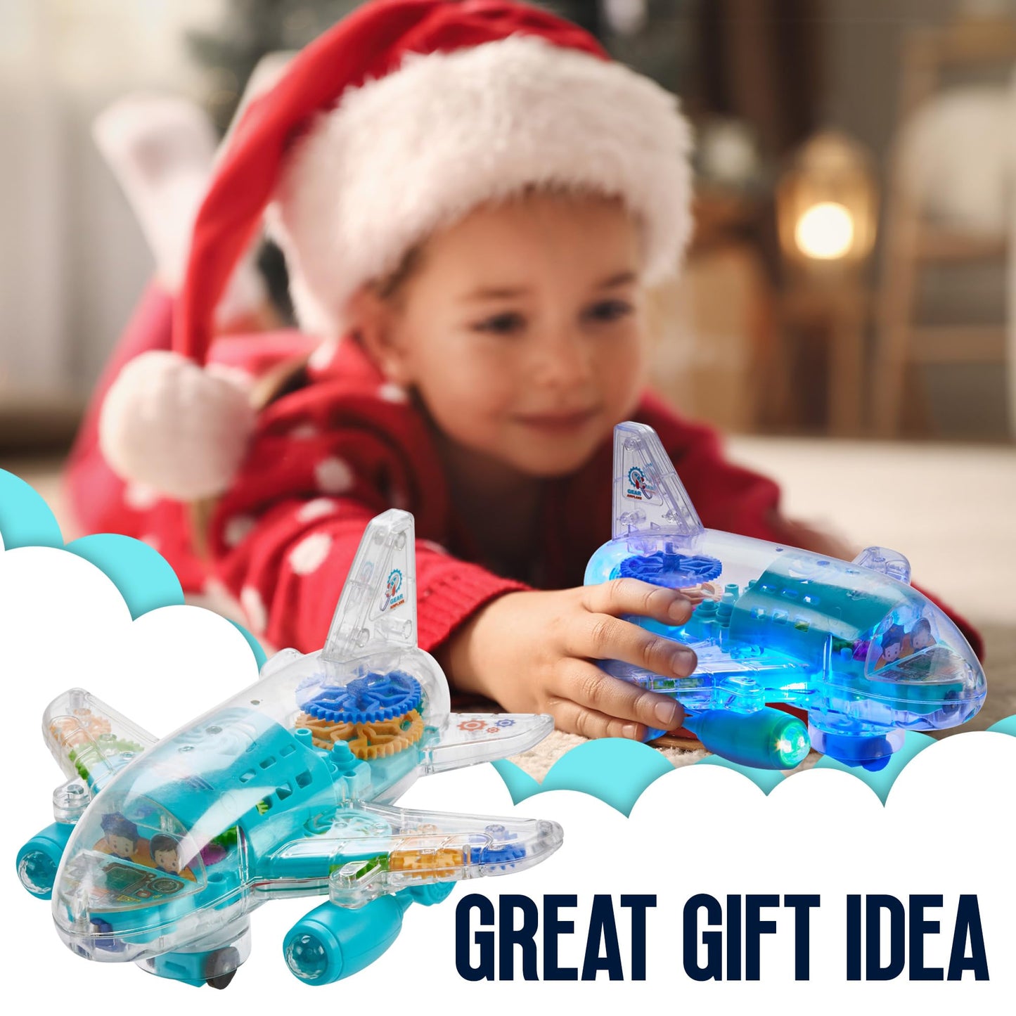 Playbees Light Up Transparent Gear Airplane Kids Bump and Go Autism Toys Colorful Moving Gears with Music and LED Effects Toddler Boy Toys Ages 3+