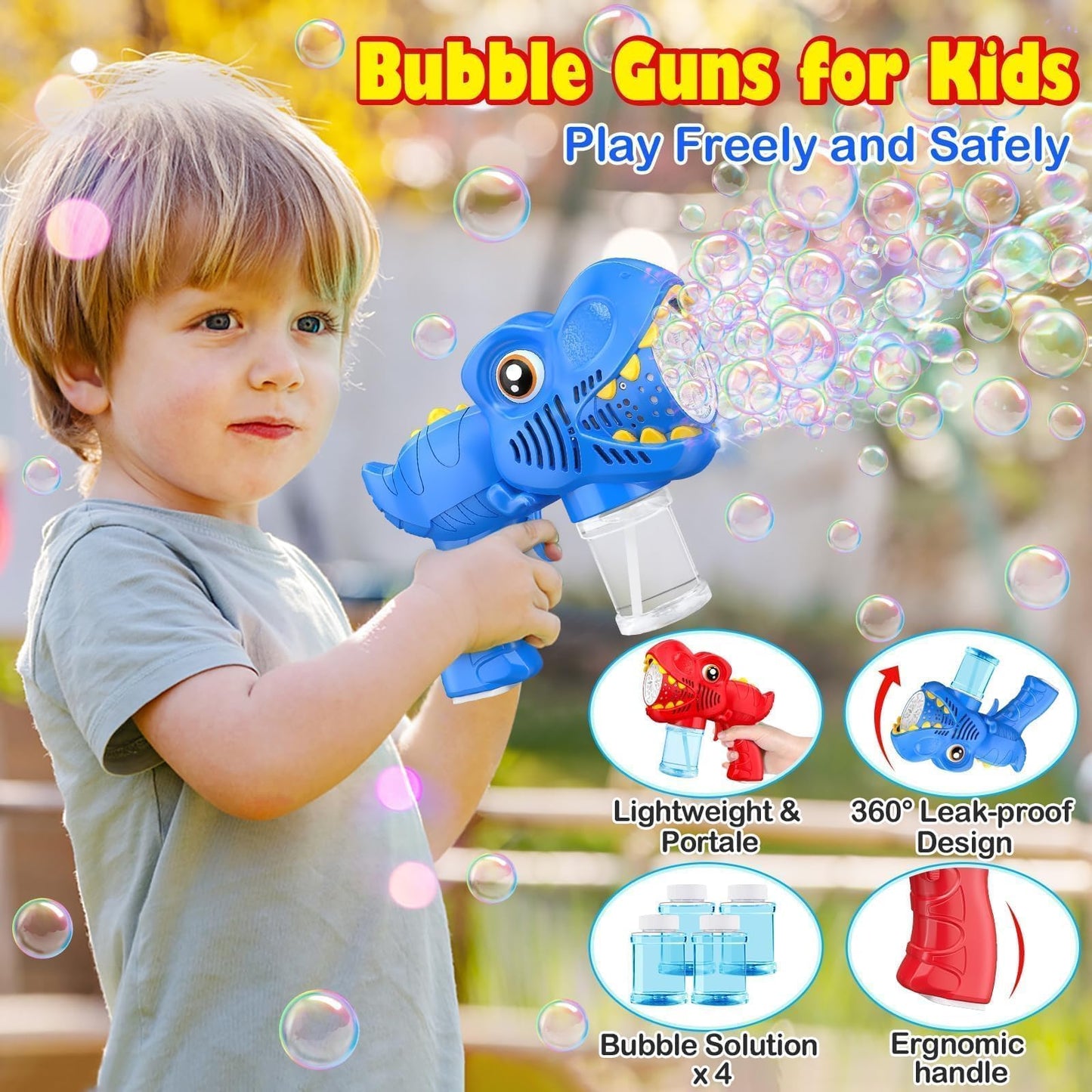 2Pcs Bubble Machine Gun Kids Toys Bubble Maker with 1800mAh Rechargeable Battery 4 Solutions Bubbles for Kids 4-8 Toddlers 1-3 Easter Basket Stuffers Dino Outdoor Toy Valentine Boy Girl