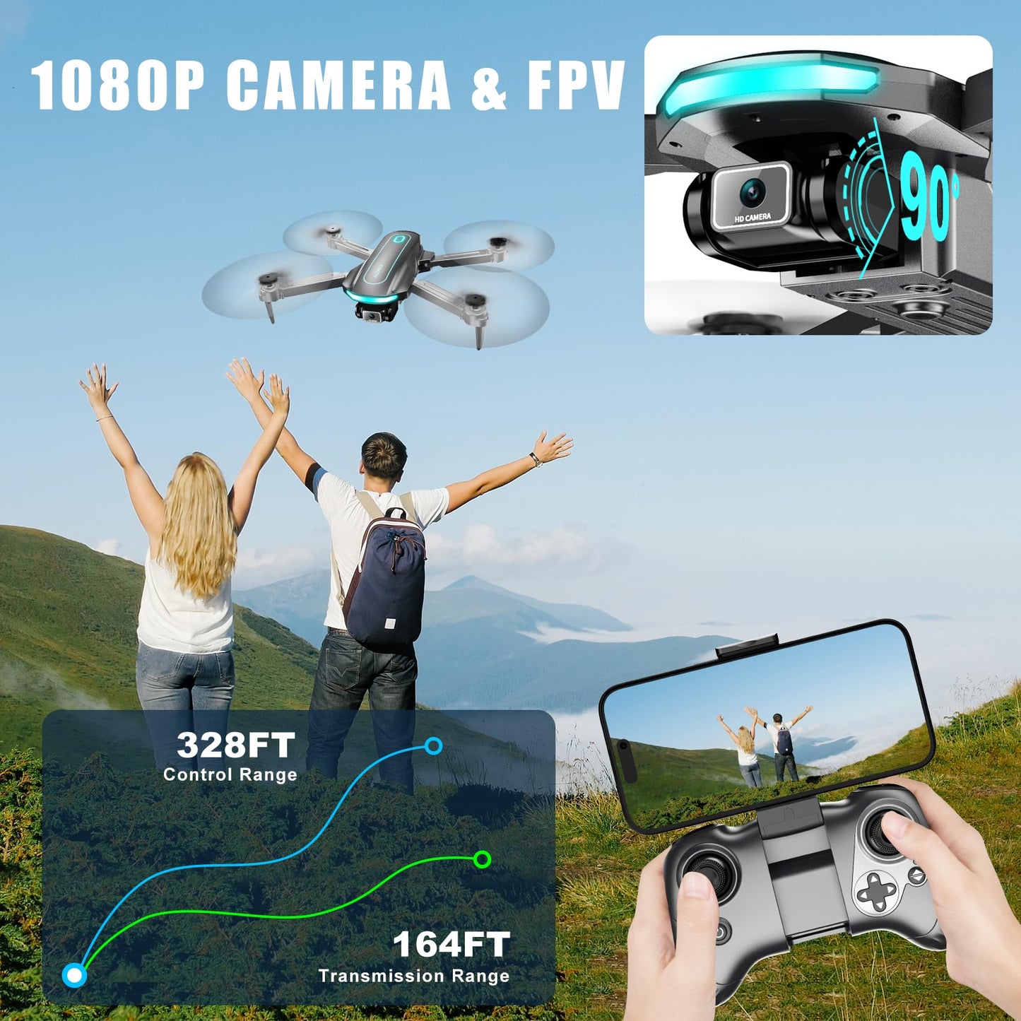 Drone with Camera for Adults and Beginners, 1080P HD FPV Foldable Mini Drones for Kids, 2 Batteries, Carrying Case, Trajectory Flight, Gravity Control, One-Key Takeoff/Landing, 360° Flip, Gift for Boy