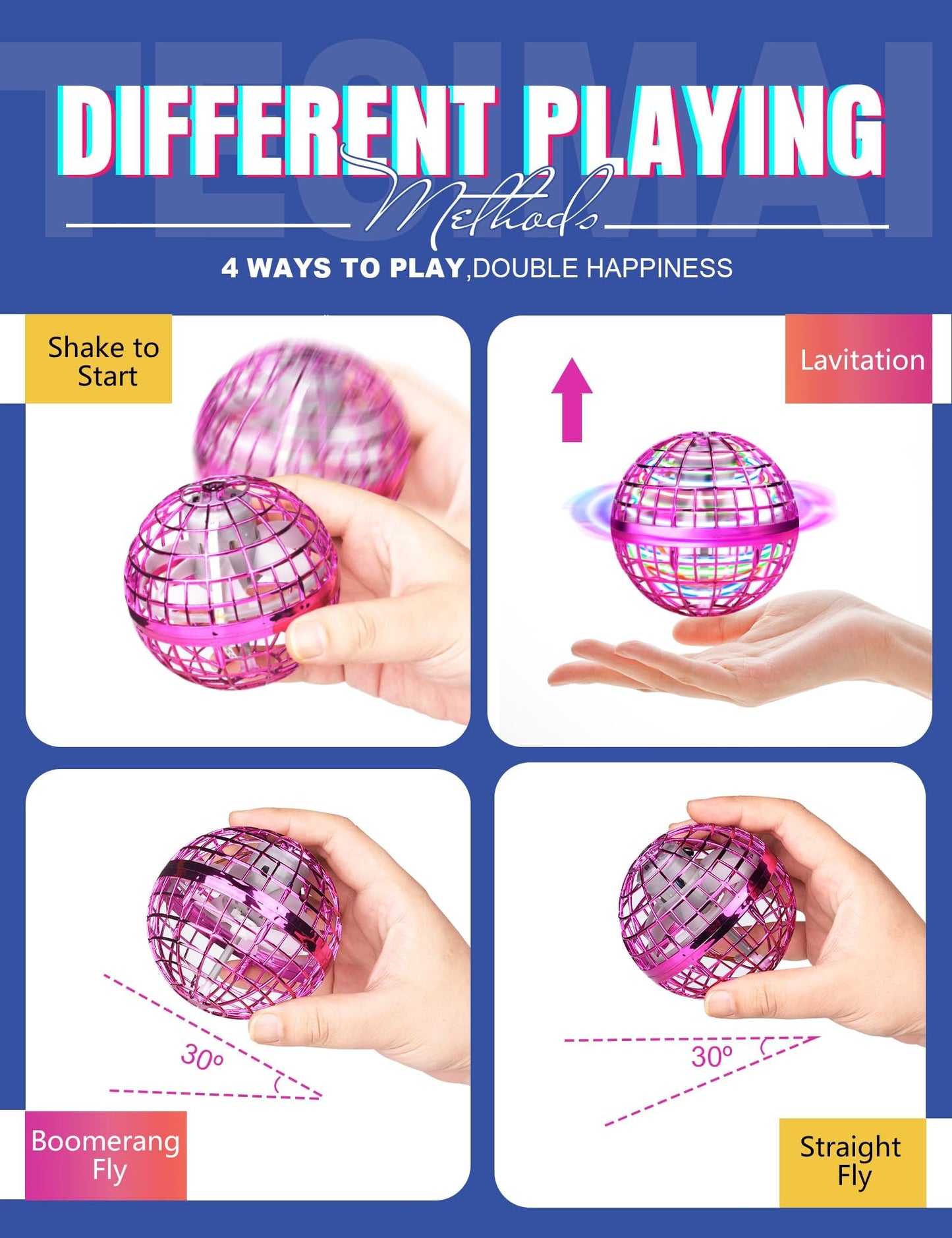 Vrainito Flying Orb Ball 2025 Upgrade, 2 Pack Hand-Controlled Flying Orb Toy, 360° Rotating Cosmic Globe Hover Ball for Kids (Purple + Red)
