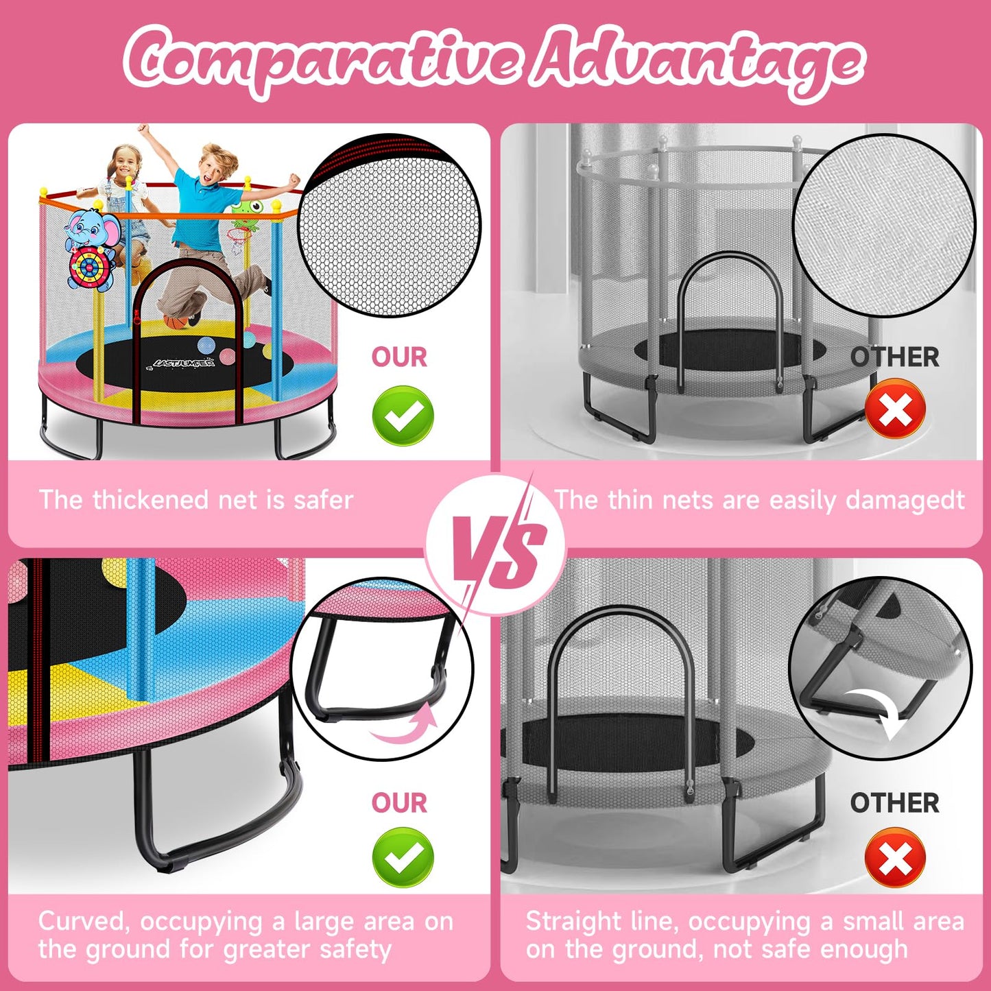 LASTJUMPER 60''/5ft Pink Toddler Trampoline Indoor，Small Trampoline for Kids with Safety Enclosure, Basketball Hoop & Ocean Balls, Birthday for Toddlers 1-3