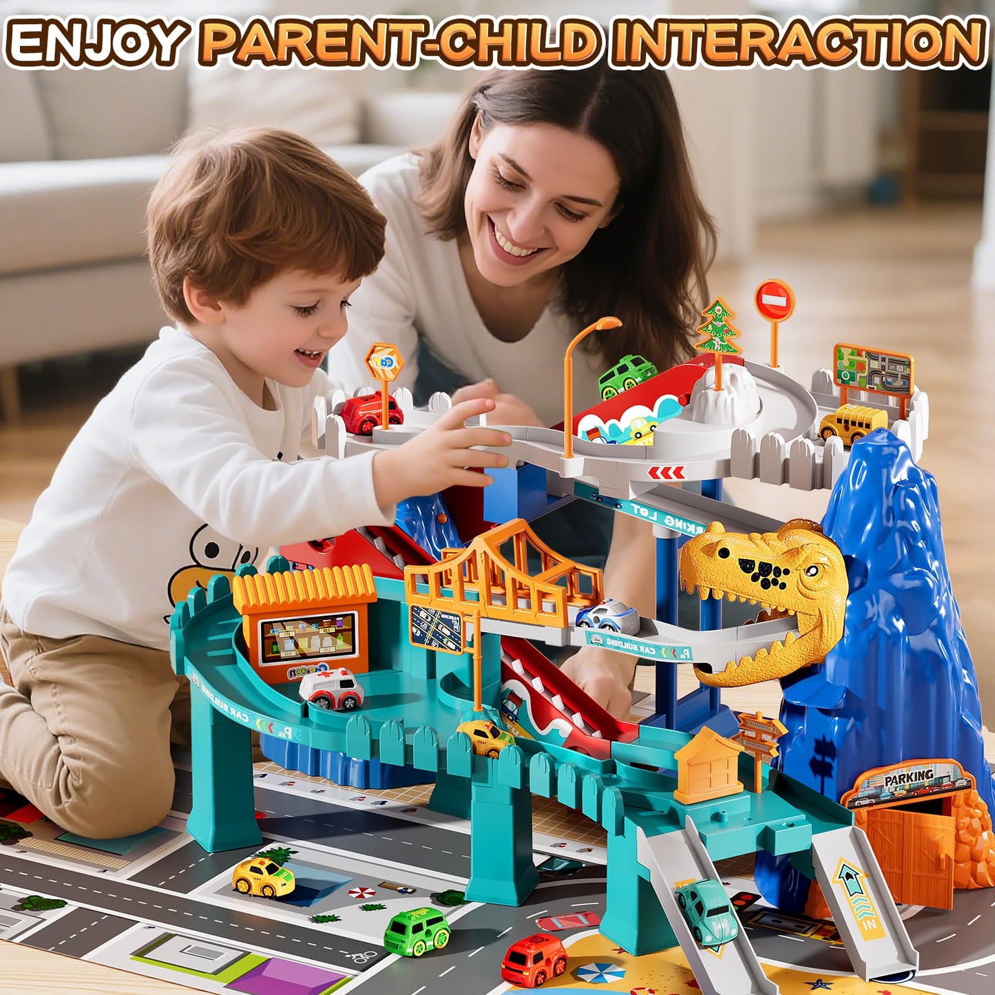MSKOLER Dinosaur Race Car Tracks for Toddlers 2-4 Years, Dinosaur Climbing Hills Railcar, Toy Car Track Play Set with 7 Small Race Cars, Preschool Birthday Gifts for 3 4 5 6 7 8 Year Old Boys Girls