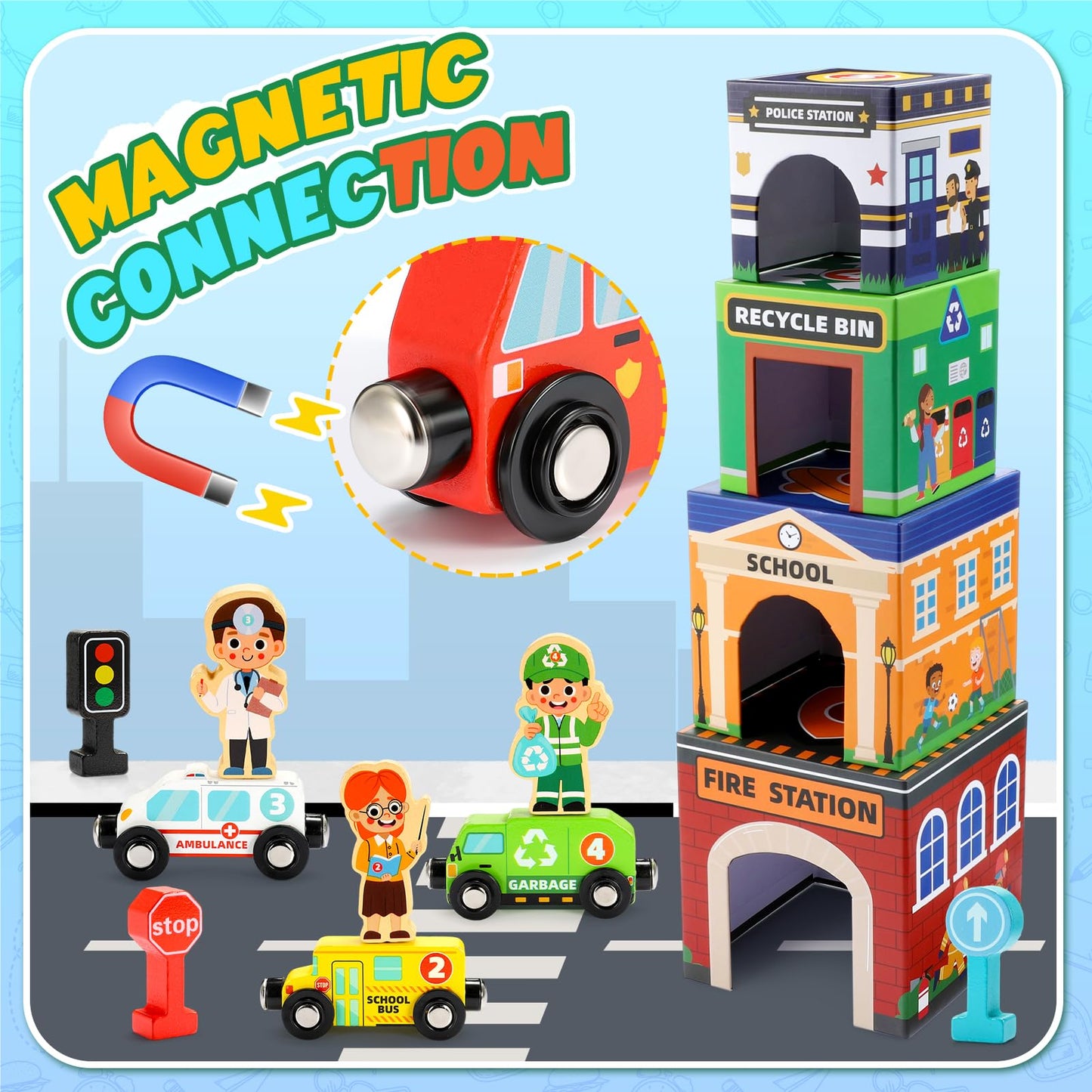 Baby Stacking Toys for Toddlers, Magnetic Wooden Cars & Garage Sorting Community Helpers Preschool Educational Learning Montessori Toys Birthday Gifts for Kids Number Blocks Nesting Boxes