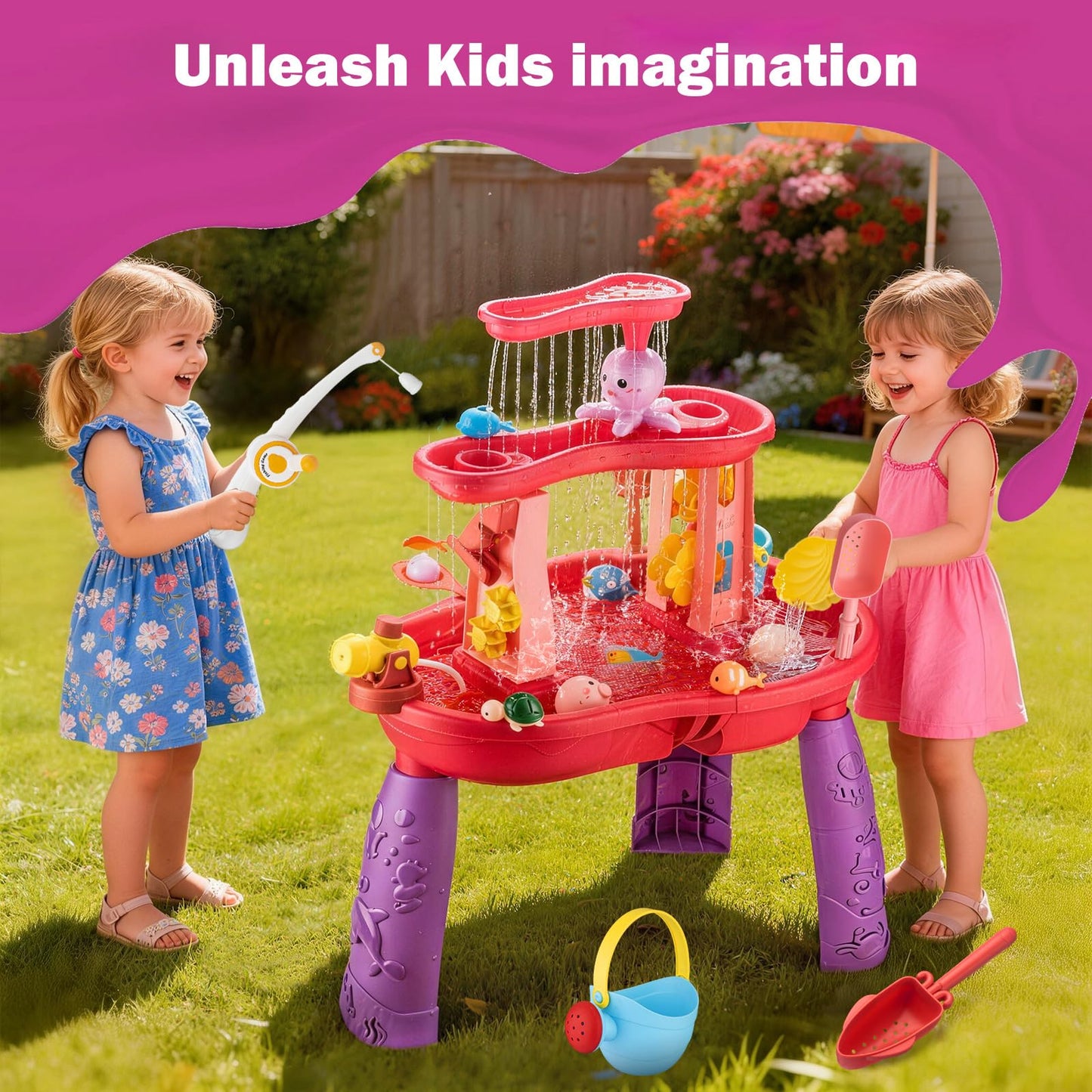 Water Table for Toddlers 3-5 Outdoor Toys for Kids Ages 4-8 3-Tier Kids Sand Water Table with Fishing Game Set Activity Sensory Table Summer Gift Beach Outside Toys for Toddler Girl