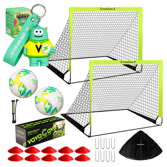 VavaCava 4'x3' Size Portable Soccer Goals Set for Backyard Fun, 2 Nets, 2 Size 3 Balls, 10 Marker Cones, Pump and Carry Bag, Outdoor Games for Backyard, Beach, Lawn, Kids Soccer Training Equipment