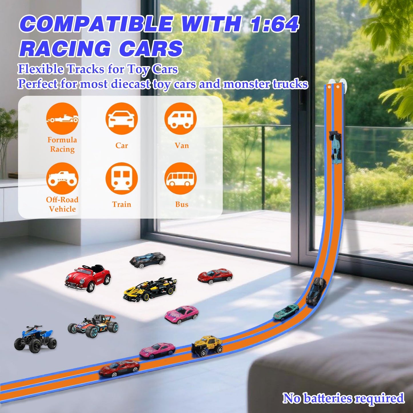 Flexible Car Track for Kids: 15 Ft of Portable Roll-Up DIY Flexible Race Track with 8 Cars & 4 Strong Suction Cups Car Ramp Toy Track, – A Great Birthday for Boys & Girls Ages 3+ (Orange-Blue)