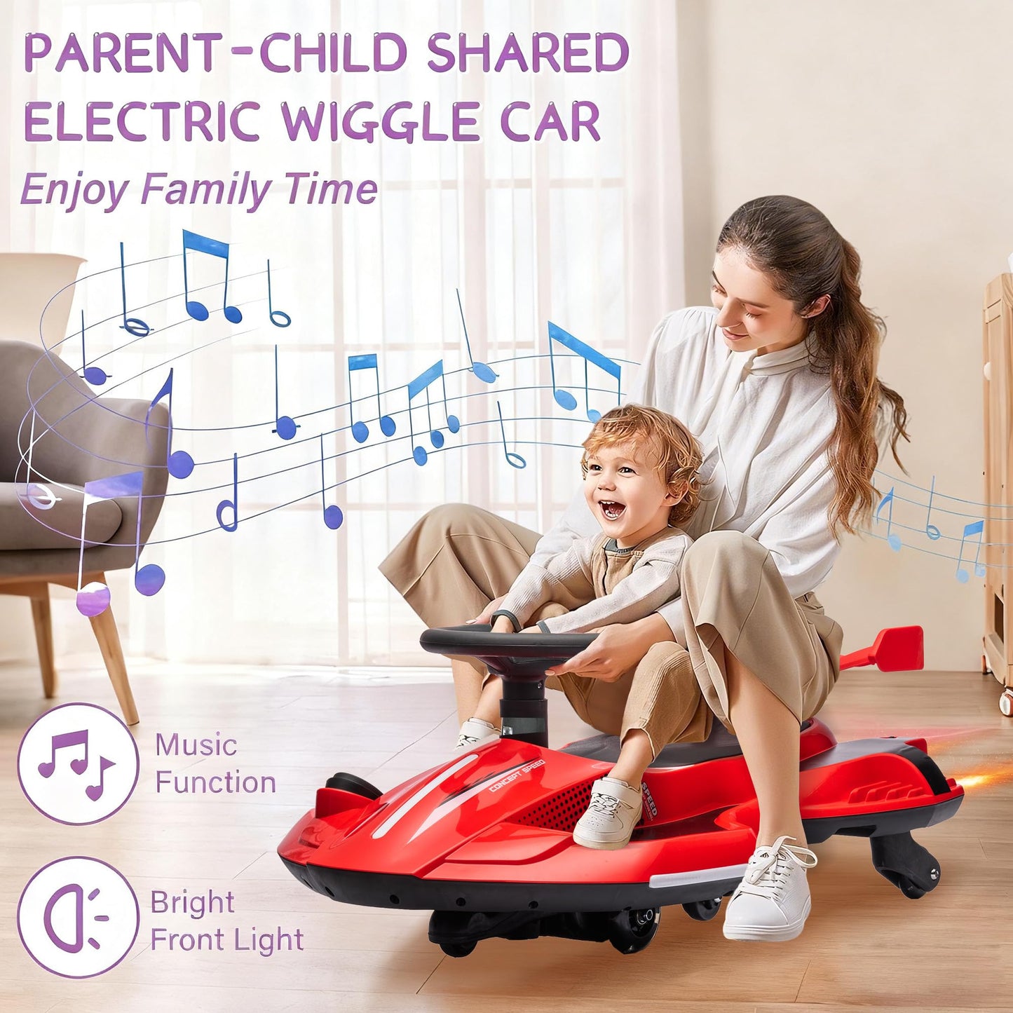 12V Electric Wiggle Car with Pedal for Kids, Rechargeable 2 in 1 Swing Toy, Devil Drifting Car with Backrests, Anti-Rollover, Spray, Light, Bluetooth, Maximum Speed up to 4 mph, for Ages 3 and Up