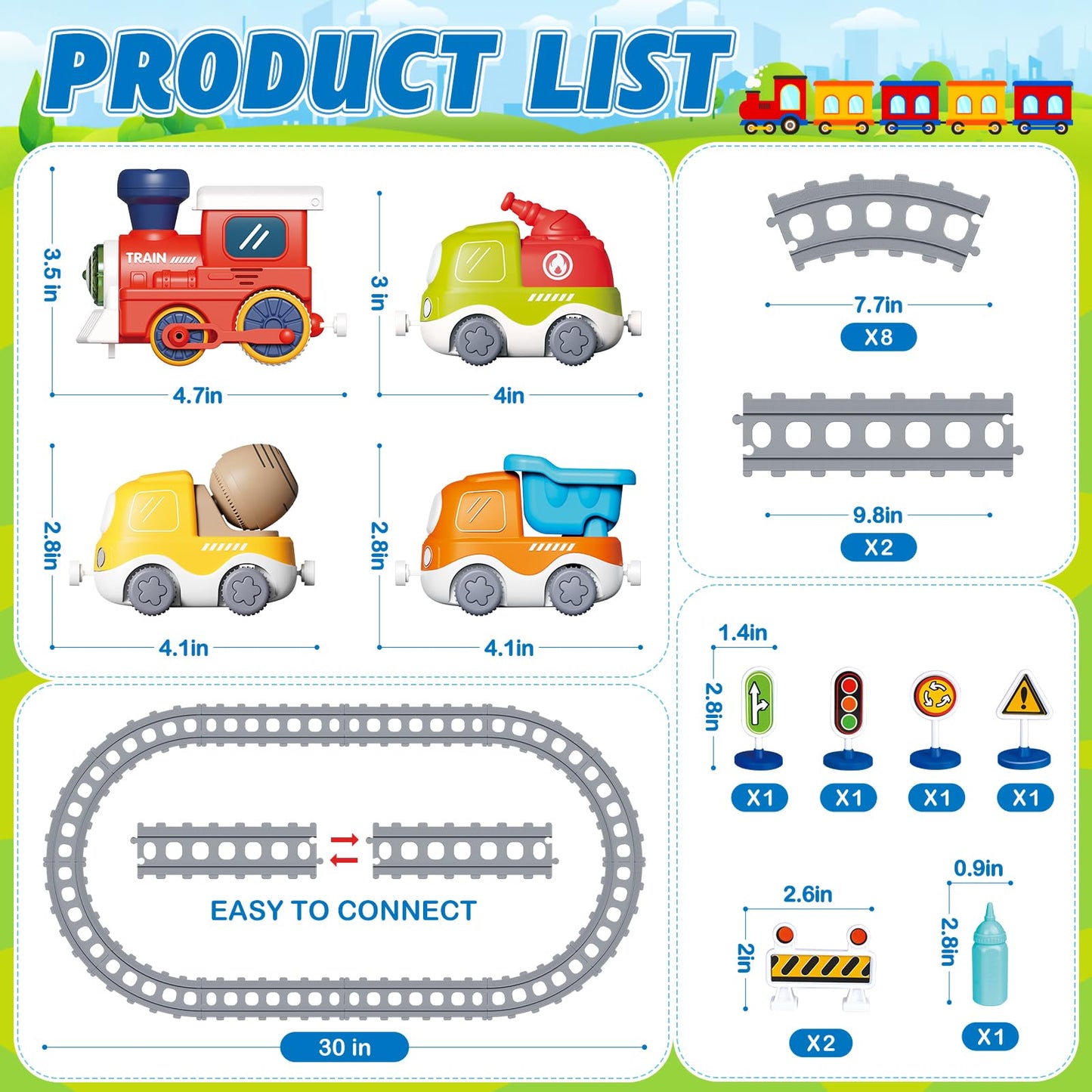 Train Set for Toddlers w/Steam, Sound & Lights, Toddler Toys for Age 2-4, Electric Train Set with Tracks Road Signs, Magnetic Train Toys Christmas Birthday Gifts for 2 3 4 5 Year Old Boys & Girls
