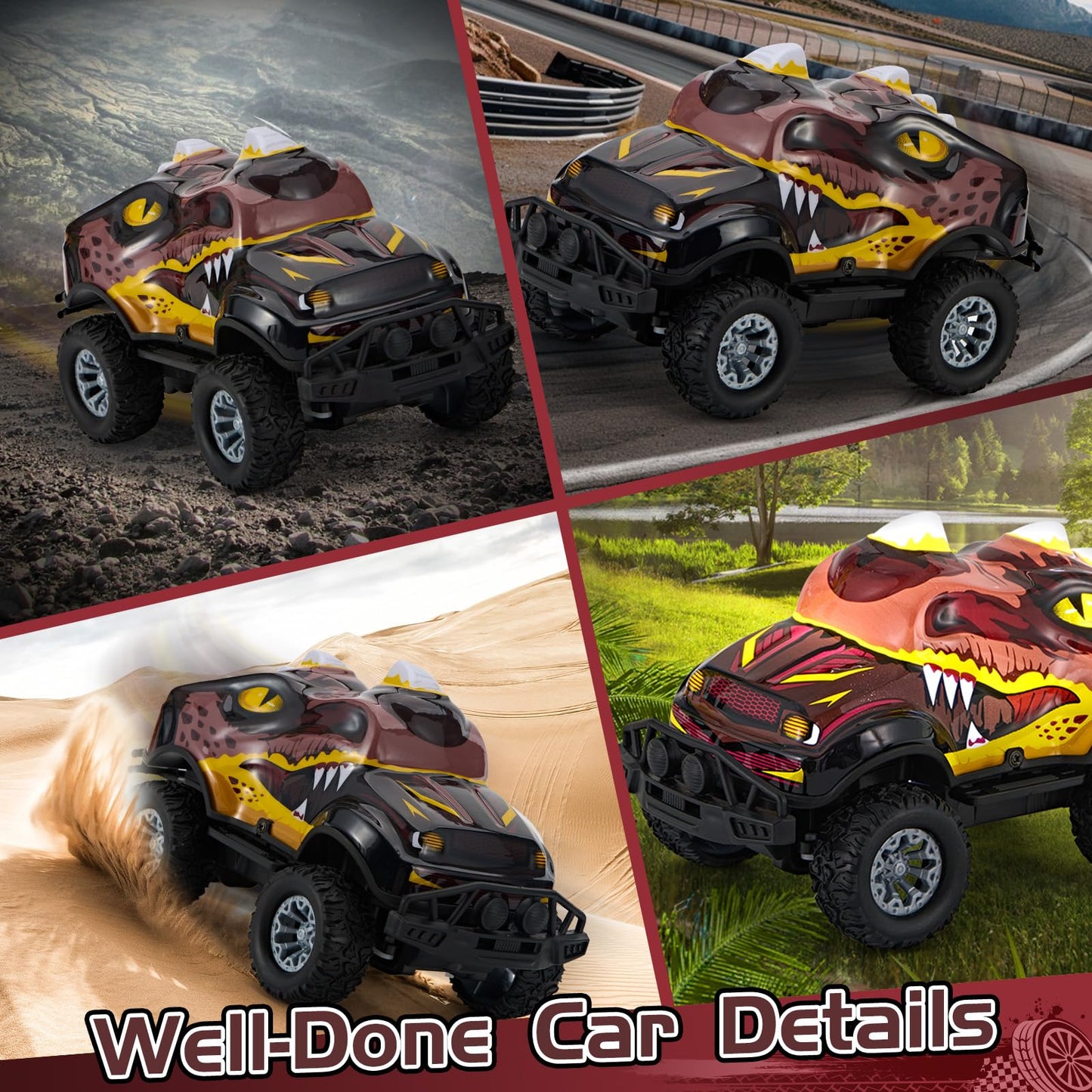 JOYBLI Dinosaur-Shaped Off-Road Vehicle Remote Control Cool Off-Road Vehicle Truck, 2.4GHz RC Car with LED Lights, 1:20Scale, RC Truck, Remote Control car from a Long Distance.Gifts for Boys (Brown)