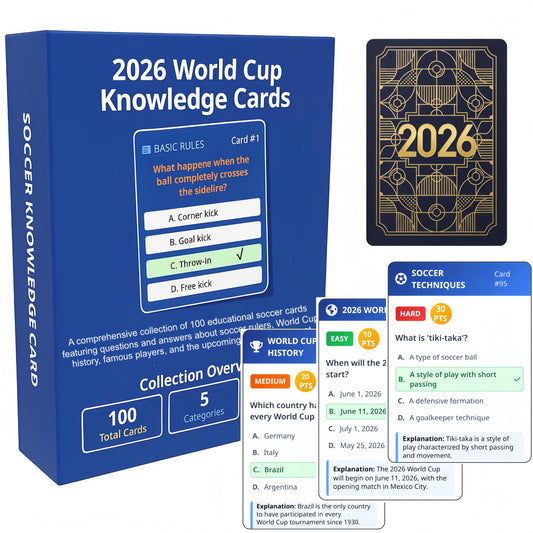 YXYOUNG 2026 World Cup Soccer Knowledge Trivia Cards Game - 100 Educational Question Cards, 5 Categories, 3 Difficulty Levels, Family and Friend Game Gift for Kids and Adults