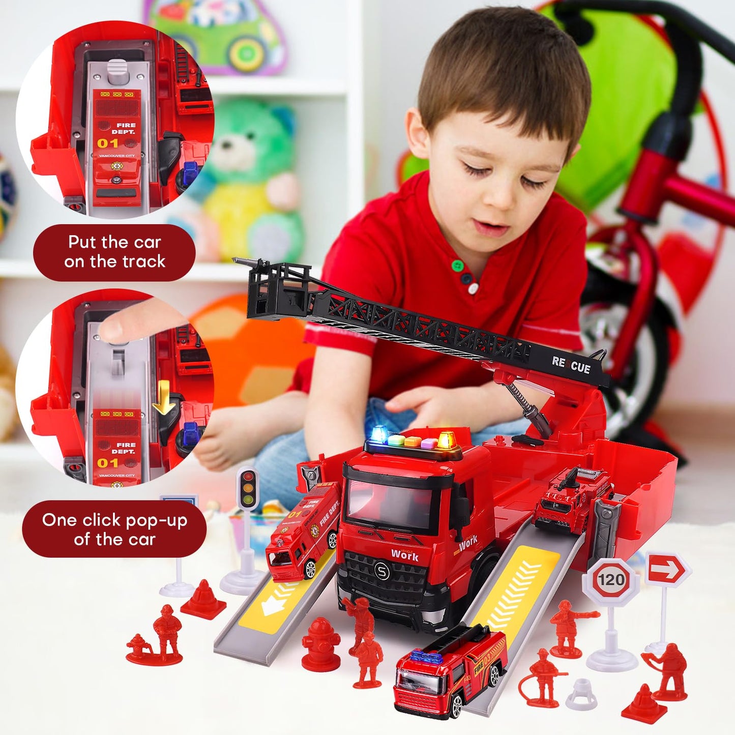 LESSETI Fire Truck Toy with Water-Spraying, Lights & Sirens for Kids, Includes Large Parking Garage, 4 Mini Vehicles, Launching Tracks, Action Figures & Traffic Signs