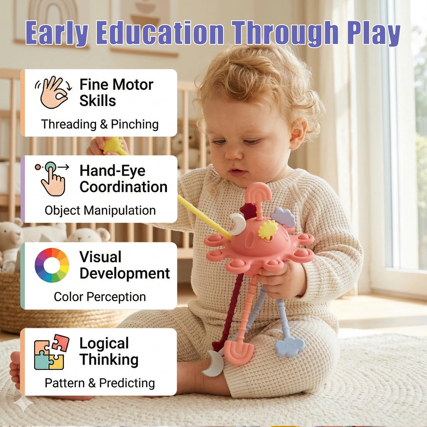 Silicone Baby Sensory Pull String Toy for 18+ Months, Montessori Toys for Toddlers, Sensory Activity Travel Toy for Airplane Car Seat Stroller, Fine Motor Skills Early Learning Gift (Peach Pink)
