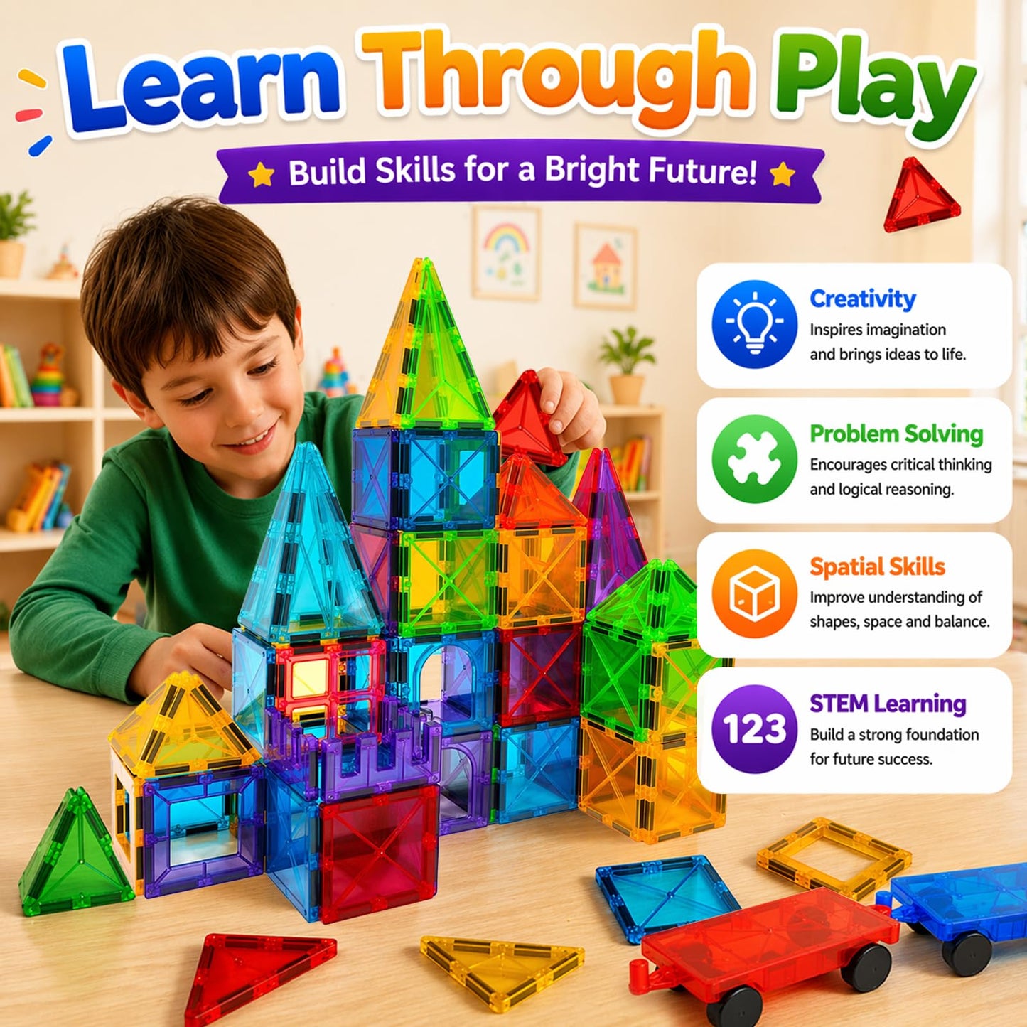 LATI 130-Piece Magnetic Tiles Building Toy Large Set for Kids,Magnetic Building Blocks Construction Set,Open-Ended Play STEM Educational Toy,Compatible with Other Brands,Gift for Boys & Girls Ages 3–8