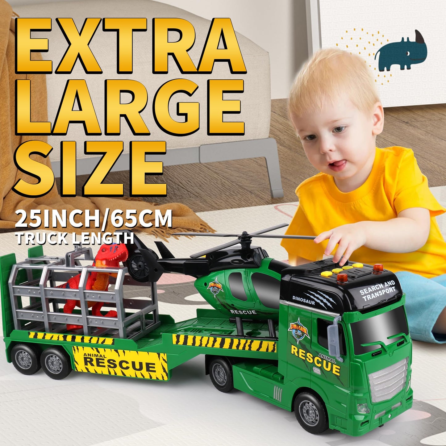 Dwi Dowellin Carrier Truck Kids Toys,25.6" Semi Truck Toy with Helicopter and Dinosaurs,Gifts for Age 3 4 5 6+ Years Old Boys Girls