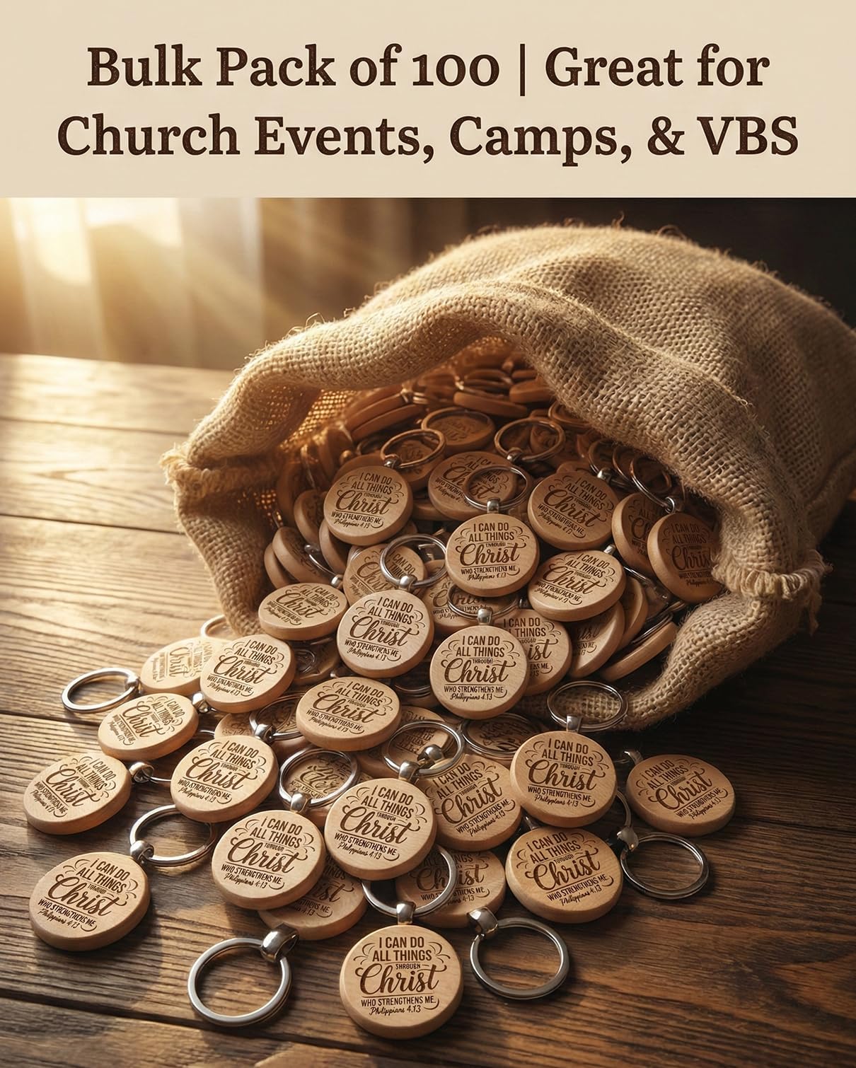 AWEZO 100 Pcs Christian Keychains Bulk, Wooden Bible Verse Key Rings for Church Favors, Baptism, Communion, Religious Gifts