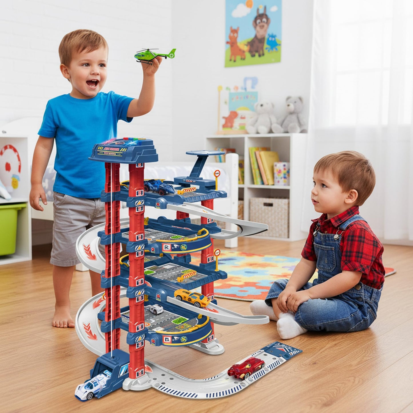 DUYOYU City Ultimate Garage Track Set with Electric Elevator, Upgrade 5 Levels Toy Car Garage with 5 Die-Cast Toy Cars & 1 Helicopter