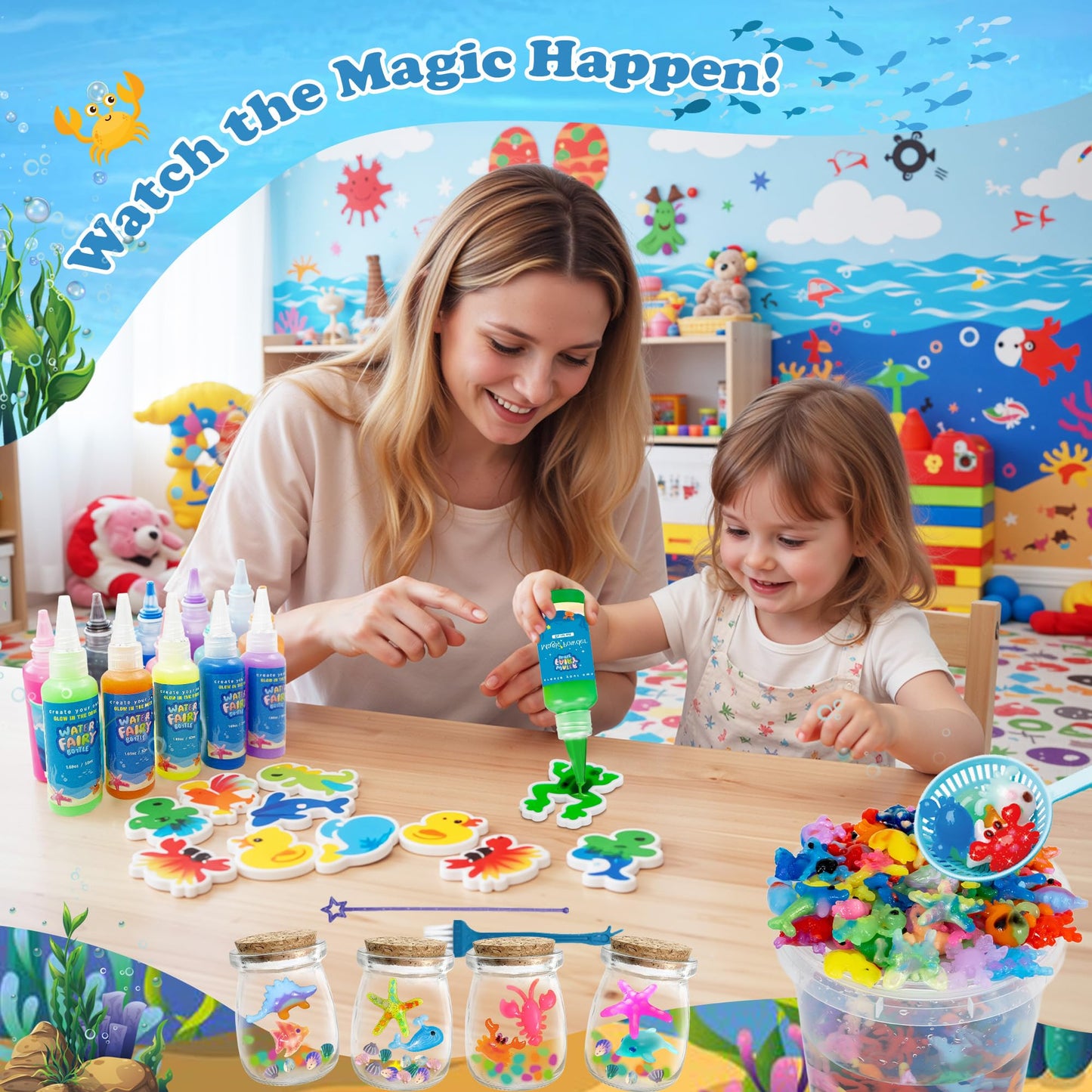 Craft Spot! 116PCS Magic Glow in The Dark Water Fairy Gel Toy, Create 150+ Sea Animals with 18 Molds & 100ml Gels, DIY Sensory STEM Science Kit, Creative Christmas Birthday Gift for Kids Girls & Boys