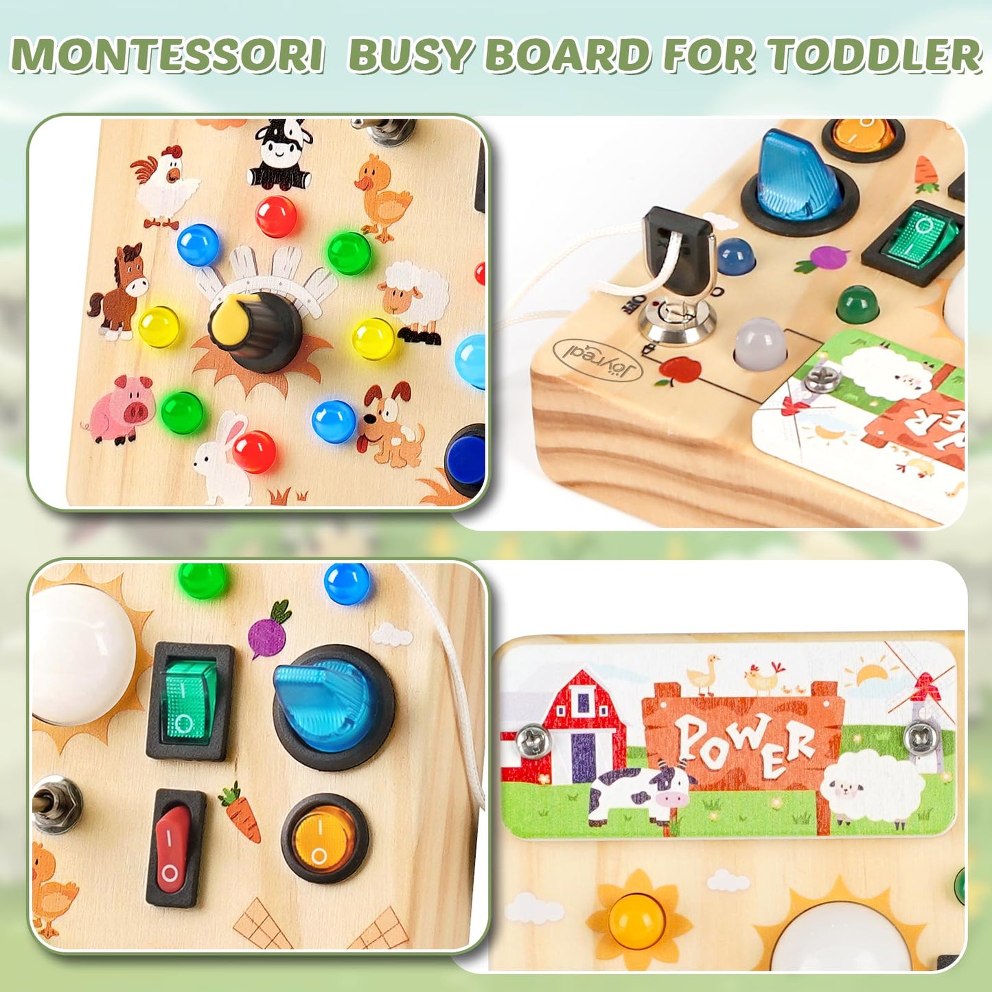Joyreal Wooden Busy Board with LED Light, Montessori Toddler Toys, Wooden Sensory Board, Toddlers Activity Travel Toys for Boy & Girl Birthday Gift (Farm Theme)