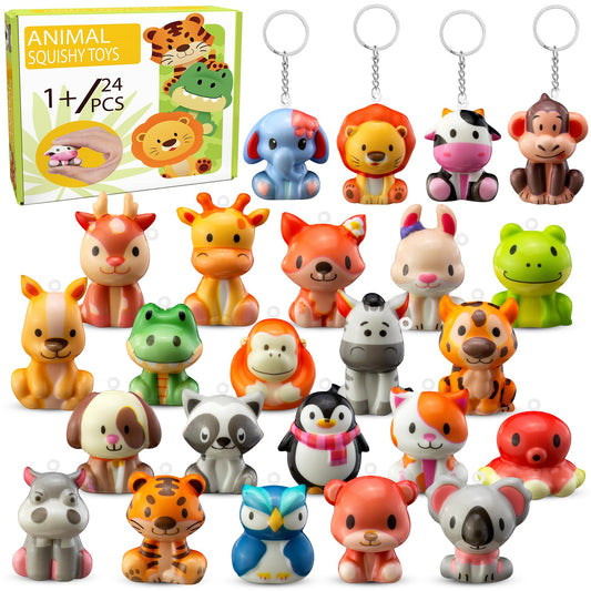 DMIGHT Party Favors for Kids 24PCS Safari Animal Cute Squishy Keychains Toys,Goodie Bag Stuffers, Pinata Stuffers,Birthday Gifts for Boys & Girls,Treasure Chest Prizes,Classroom Prizes for Kids