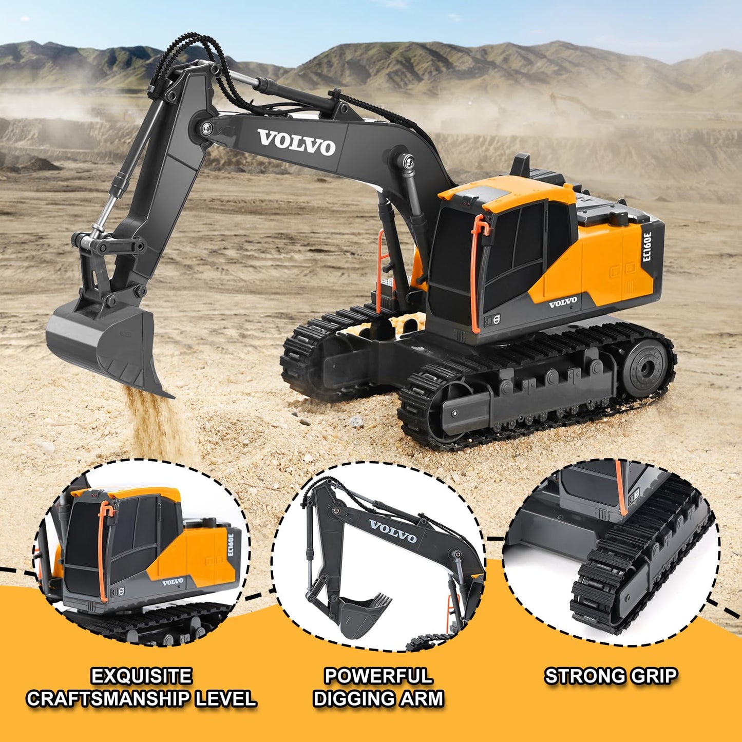 Double E Volvo Remote Control Excavator Toy, RC Construction Vehicles with 360° Spin & 330° Cab Rotation, Dig & Unload, 2.4GHz Anti-Interference for Multi-Player, Outdoor Sandbox Digger Gift for Kids