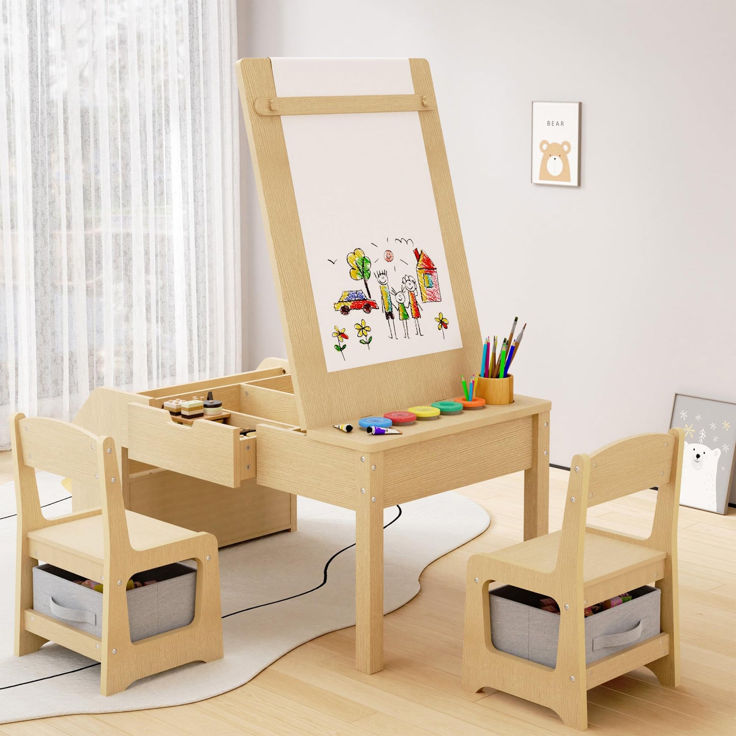 5-in-1 Kids Art Table and Chairs, Toddler Table and Chair Set, Craft Play Desk for Kids, Convertible Art Easel with Paper Roll Holder & Storage Drawers, Children Activity Learning Center - Nature Wood