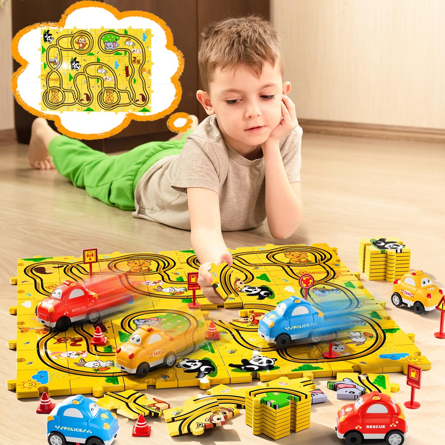 Beby Buty 64PCS Puzzle Race Cars Track Set Toys for Kids, Puzzle Racer Kids Car Track Set Ages 3-5 4-6, Toys Gifts for 3 4 5 Year Old Boys, 3 4 5 Year Old Boys Ideal Gift