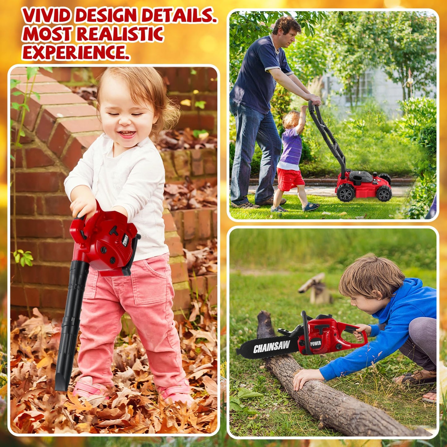 Arrowbash 3-in-1 Kids Gardening Toy Set, Toy Leaf Blower & Chainsaw & Push Lawn Mower with Realistic Sound, Outdoor Backyard Play Educational Learning Birthday Summer Gift for 3-8 Boys Girls
