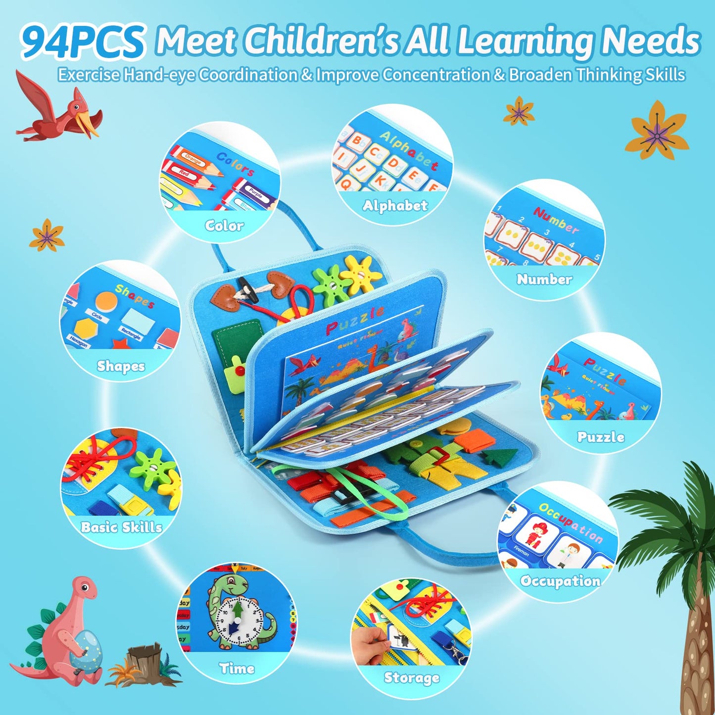 Toddler Busy Board Montessori Toys - Sensory Busy Book for Toddlers 1-3, Dinosaur Learning Activity for Fine Motor Skills, Airplane Car Travel Toy, Birthday Gift for 1 2 3 Year Old Boy Girl