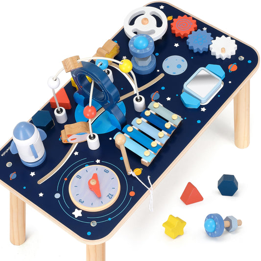 Pillowhale Wooden Activity Table with Bead Maze for 1 Year Old – Standing Sensory Play Table, Montessori Early Development Toy for Toddlers