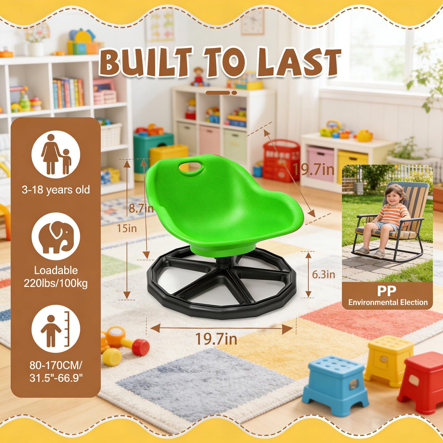 Spinning Chair for Autistic Kids with Back Support, Sensory Swivel Chair for Kids with ADHD Autism, 360° Rotating Spin Chair for Toddlers, Comfortable Sensory Chair for Home School Classroom
