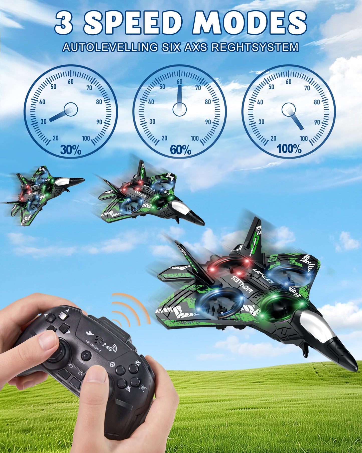 JoyRapt Form RC Plane Drones for Kids, Remote Control Airplane, Aircrafts for Boys and Girls, Jet Helicopter Drones with LED Lights 360° Flip, 2 Rechargeable Batteries (Green)