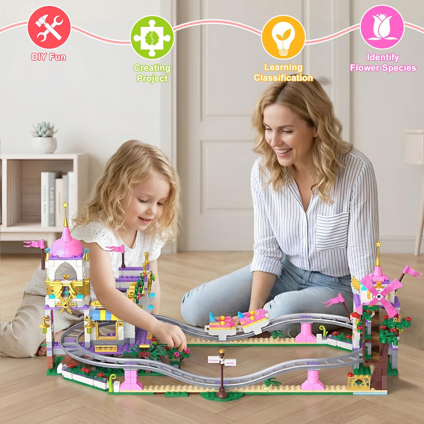 Leyic 2 in 1 Castle Roller Coaster Building Set, 749 Pcs STEM Amusement Park Construction Kit for Kids, Pink Playground Blocks Birthday Gift Toys for Girls Ages 6 8-12