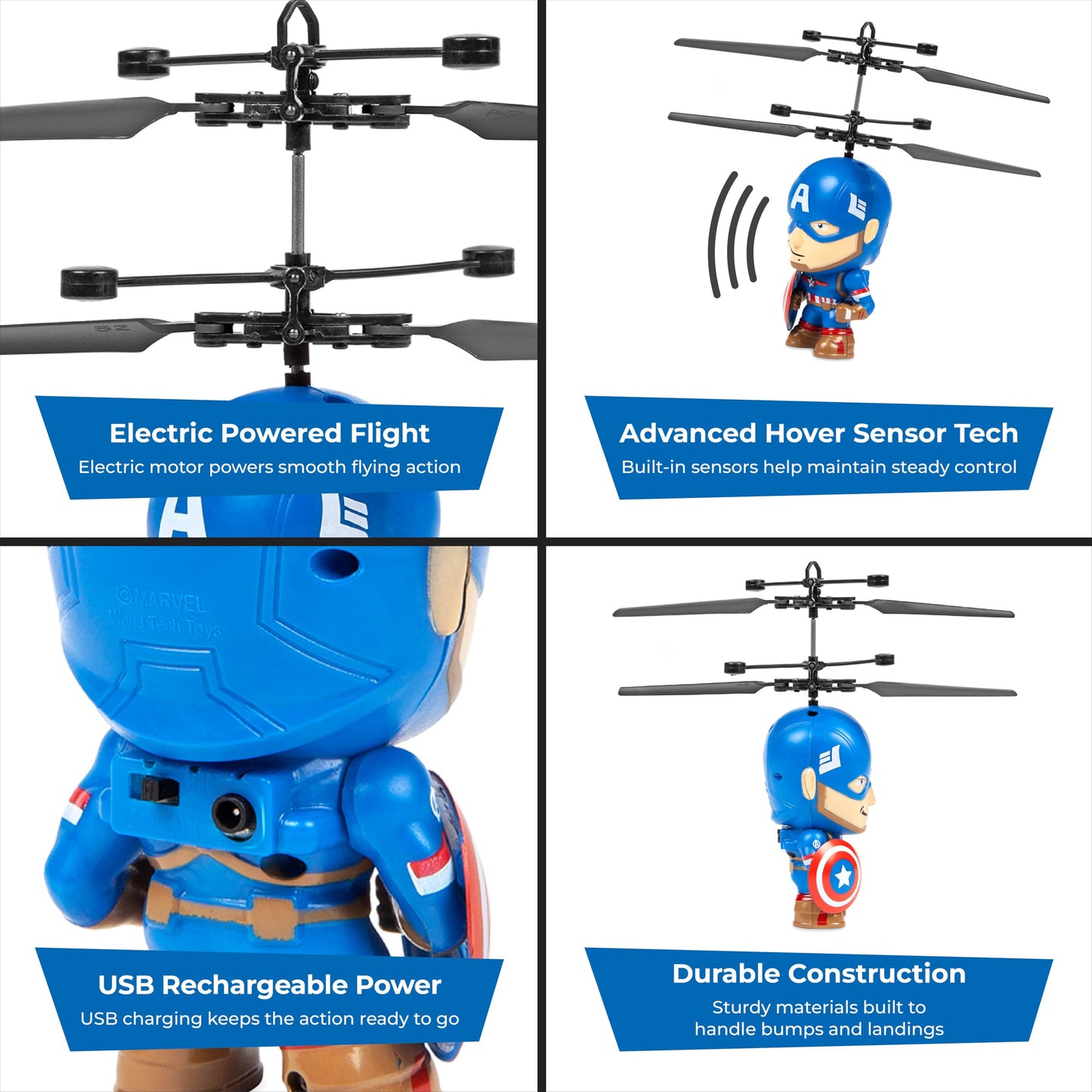 World Tech Toys Marvel Captain America Big Head Helicopter Toy – Motion Sensored Flying Toy for Kids - Marvel Licensed - Kids 6+