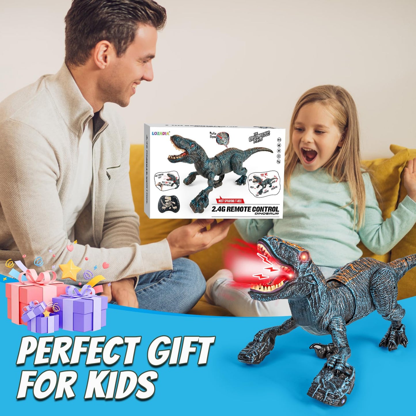 Lozadia Remote Control Dinosaur Toys for Kids 3-5 5-7 8-12 yr, Large T-Rex Dinosaur Toys with 360° Swaying Head, Mist Spray & Roar, Realistic Walking Robot Dino Toy, Best Birthday Gifts for Boys Girls
