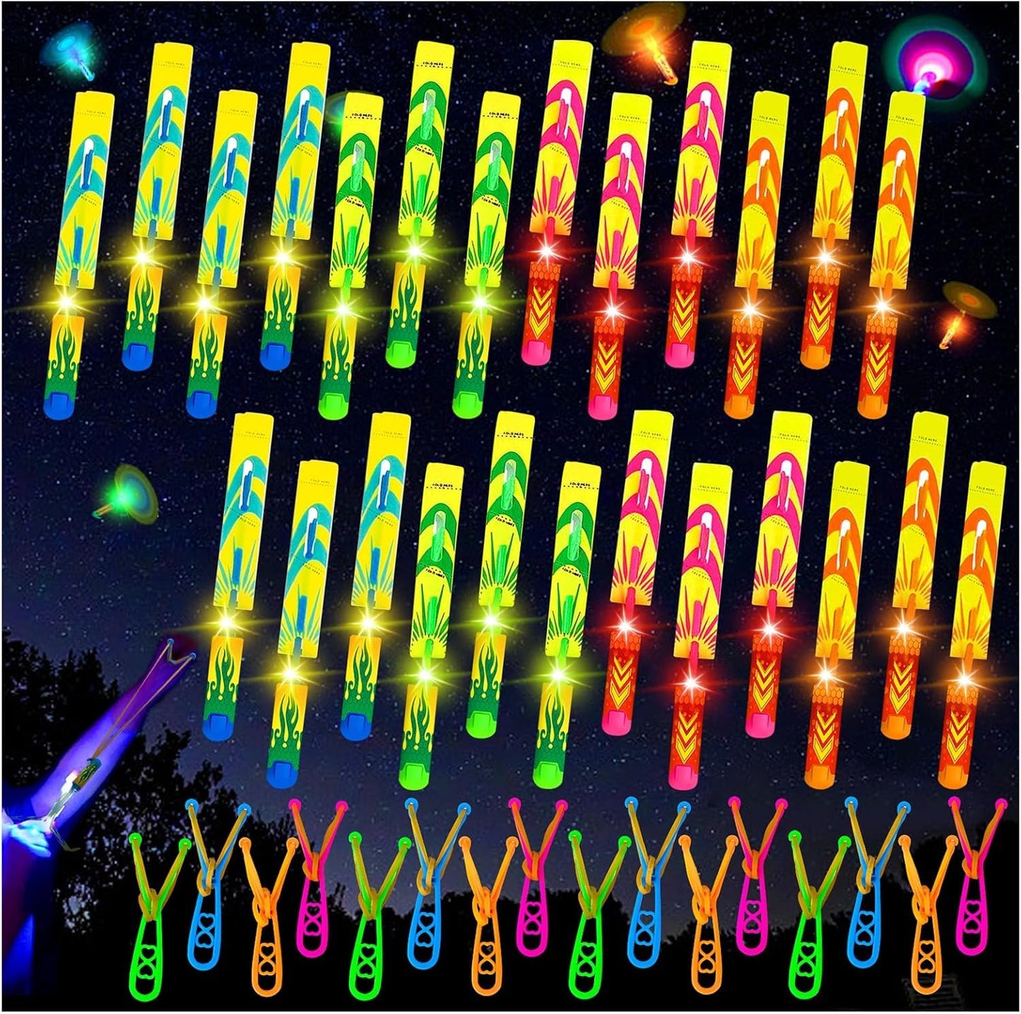 Bloolilies 50 Pcs LED Slingshot Flying Toys for Kids with 25Pcs Slingshots+25Pcs Glow Helicopters Glow in The Dark Rocket Launcher Outdoor Light Up Toys Birthday Gift Party Favors for kids 4-8 8-12