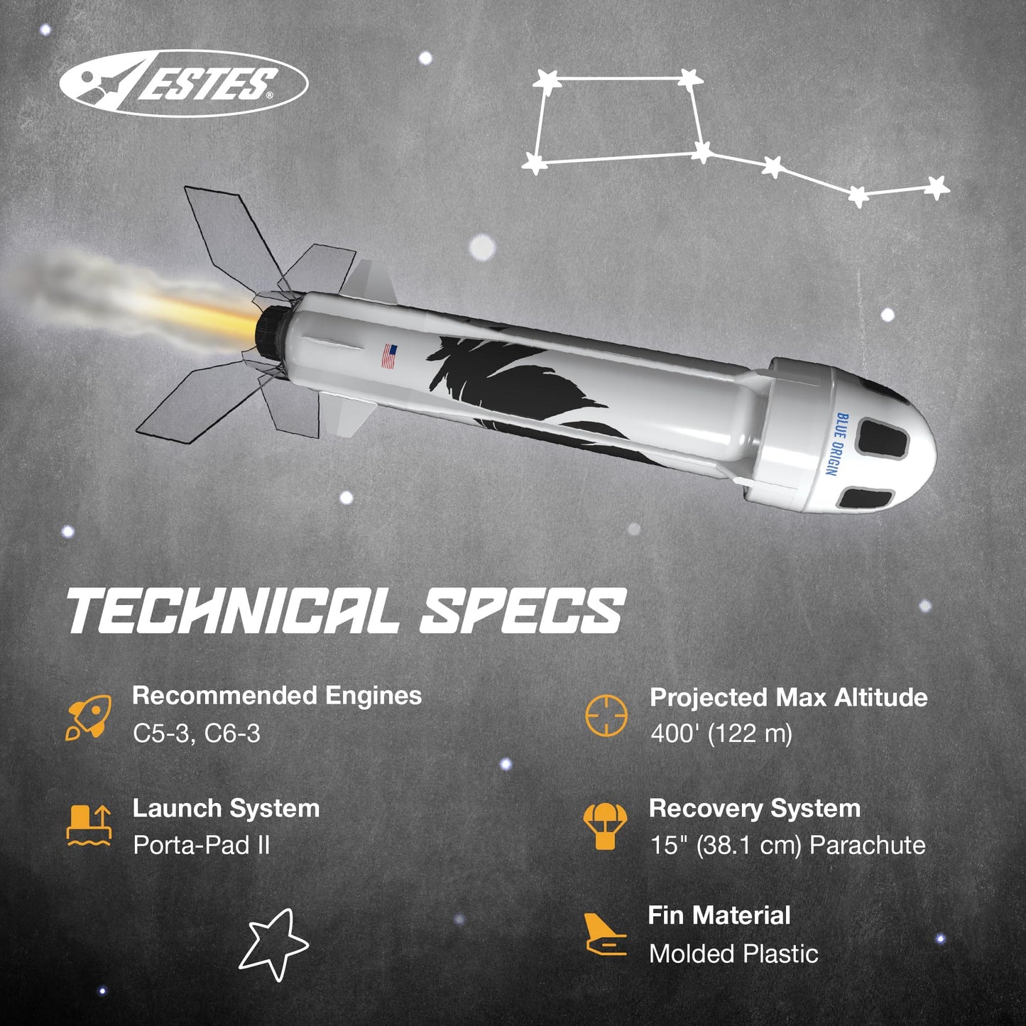 Estes 2198 Blue Origin New Shepard Rocket-Building Kit, Beginner Flying-Rocket-Model Kit for Ages 10+