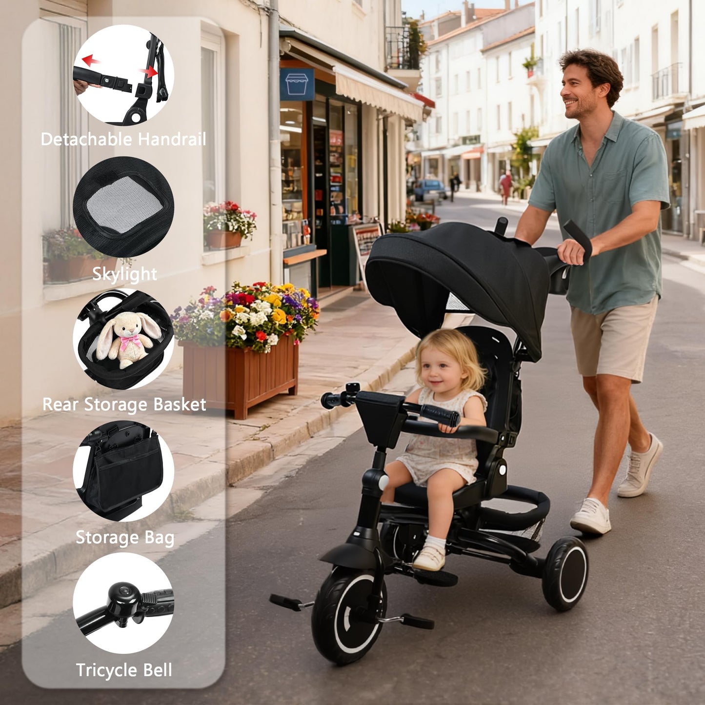 Kinder King Kids Trike Tricycle for Toddlers 1-3, 8 in 1 Folding Toddler Tricycle Bike w/1-Step Brake, Adjustable Push Handle, Rotatable Seat, Adjustable Canopy, Bell, 5-Point Harness, Storage, Black