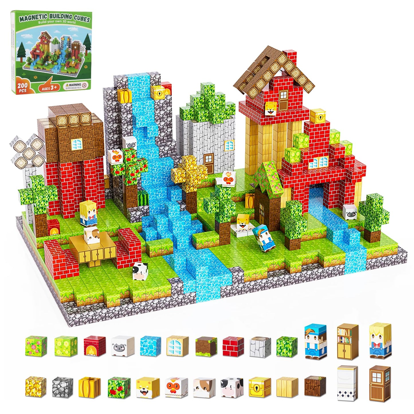 Fitrobust 200PCS Magnetic Building Blocks Set, Magnetic Tiles Kids Build Cubes STEM Game Toys, Build Forest World Set, Christmas Birthday Gifts for Boys & Girls Age 3 4 5 6 7 8 9 10, 0.8 in Size