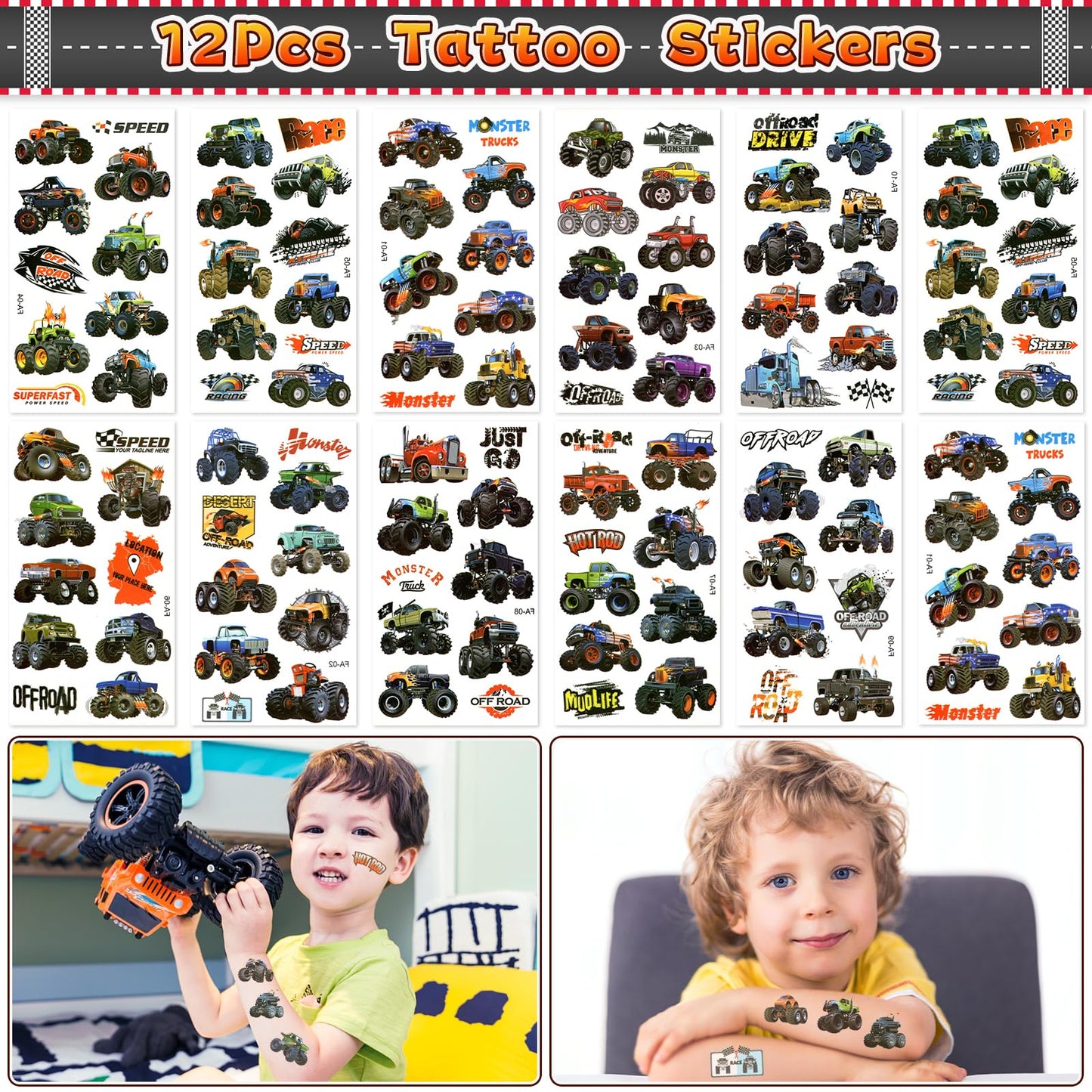 SNLN Monster Truck Party Favors Birthday Supplies for Boys Kids, Drawstring Bag Silicone Bracelet Keychain Tattoo Sticker Pinata Goodie Bag Stuffers Monster Truck Birthday Party Supplies Decor