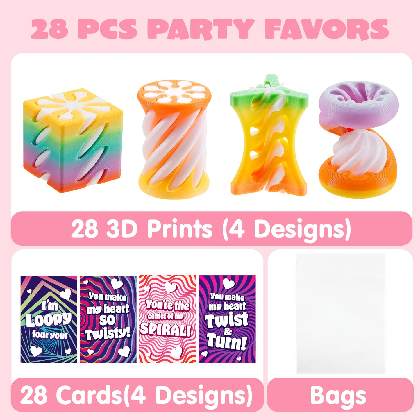 JOYIN 28 Pcs Valentines Day Gift Impossible Spiral Cone Stress Toy with Valentine Cards, 3D Printed Passthrough Toy for Kids Valentine Party Favors Gift Classroom Exchange Boys & Girls