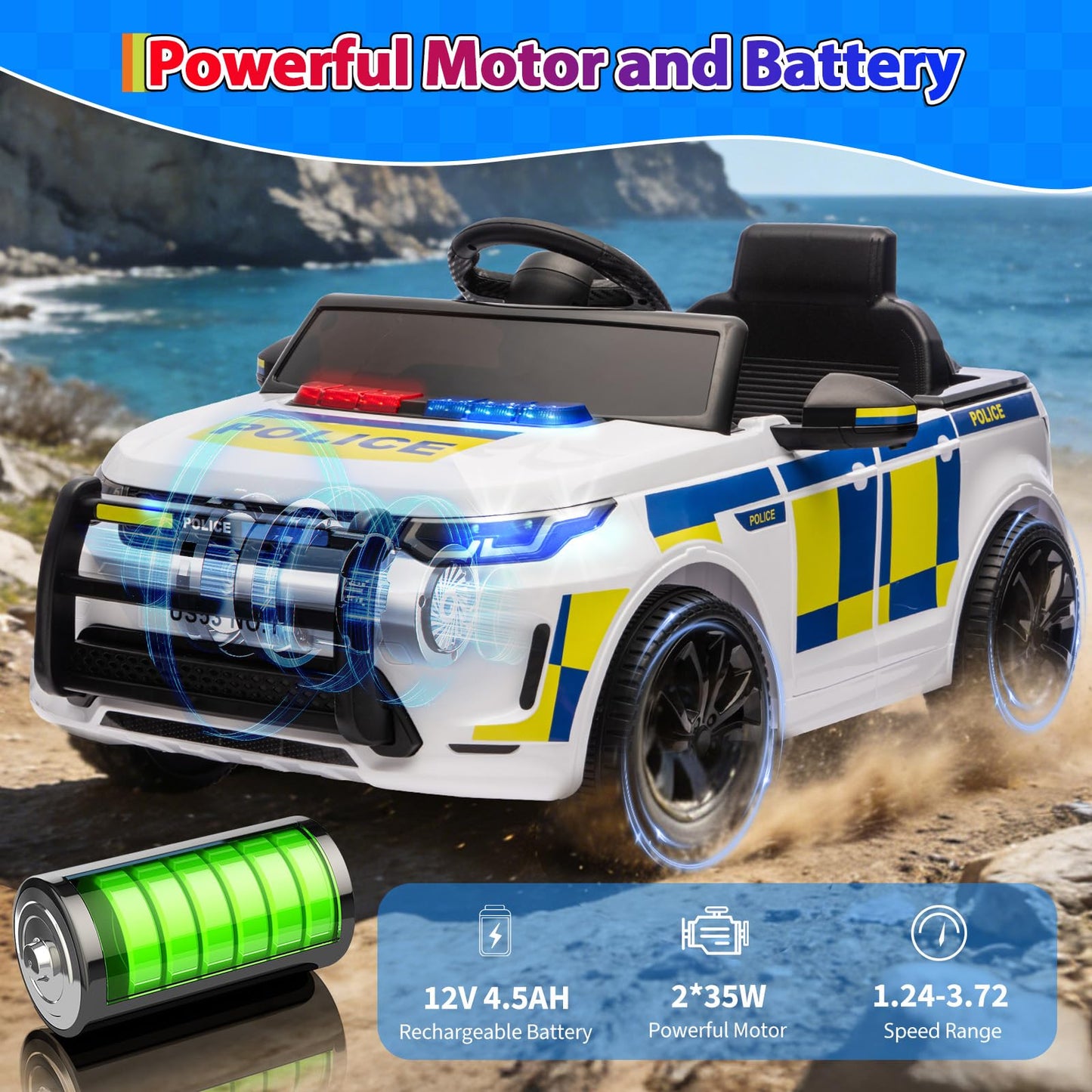 GarveeLife 12V Police Car Ride on Electric Car for Kids, Battery Powered Ride-on Toys with Remote Control, Speaker, Flashing Lights, Music, Headlights, Spring Suspension, Gift for Boy Girl 3-8, White