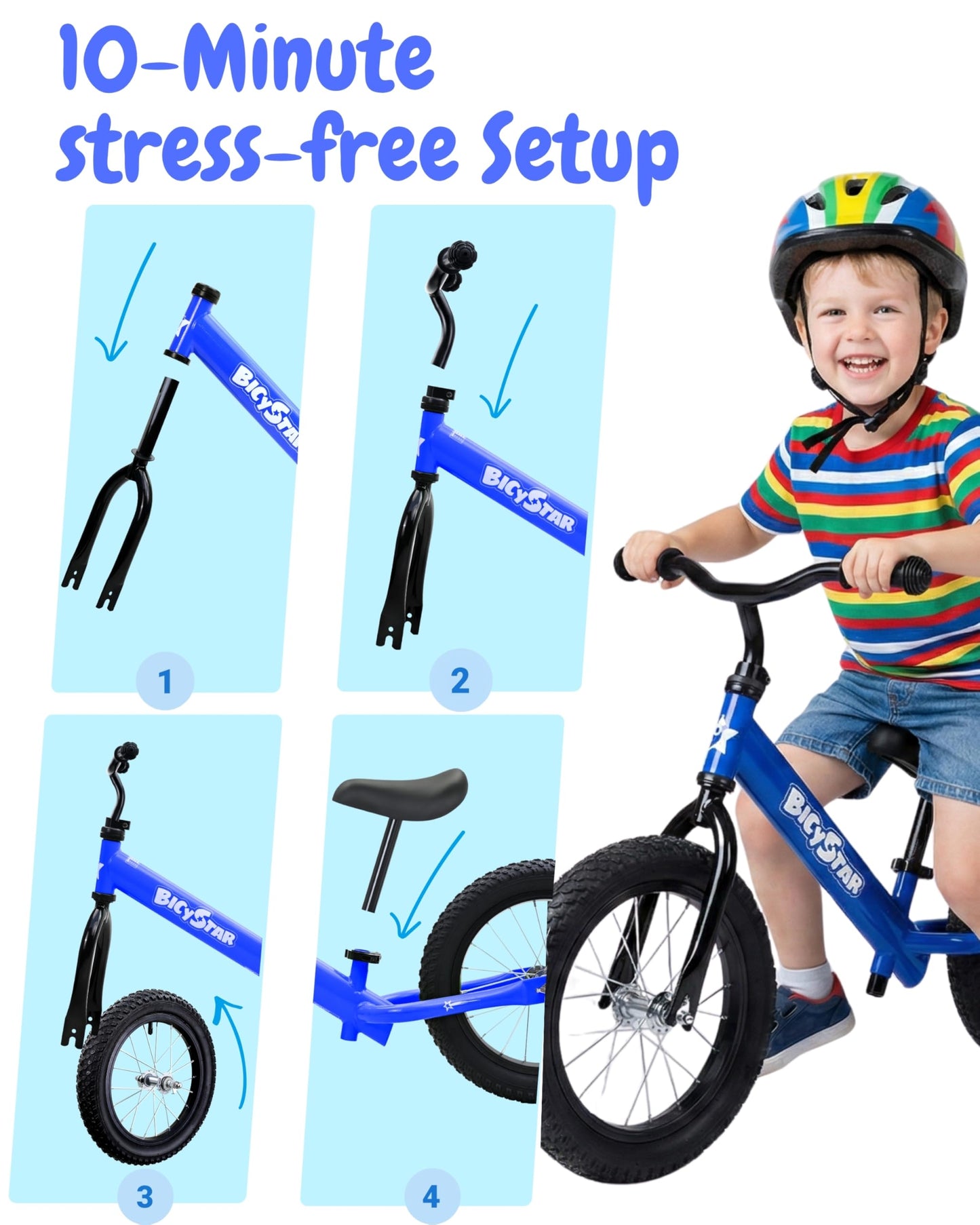 Bicystar 14 Inch Balance Bike for Kids 3-6 Year Old, No Pedals, Air Rubber Tires, Adjustable Height, Pedalless Bicycle for Boys, Girls, Dark Blue